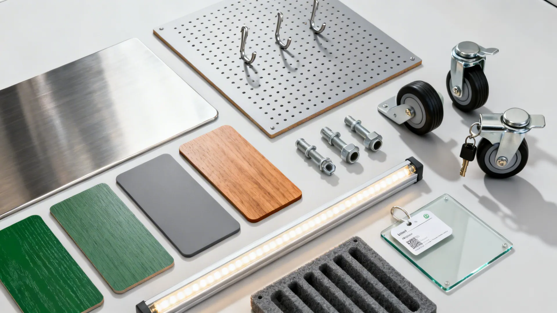 Flatlay of stainless swatches, colored laminates, perforated panels, quick-connects, and locking casters for modular pods.