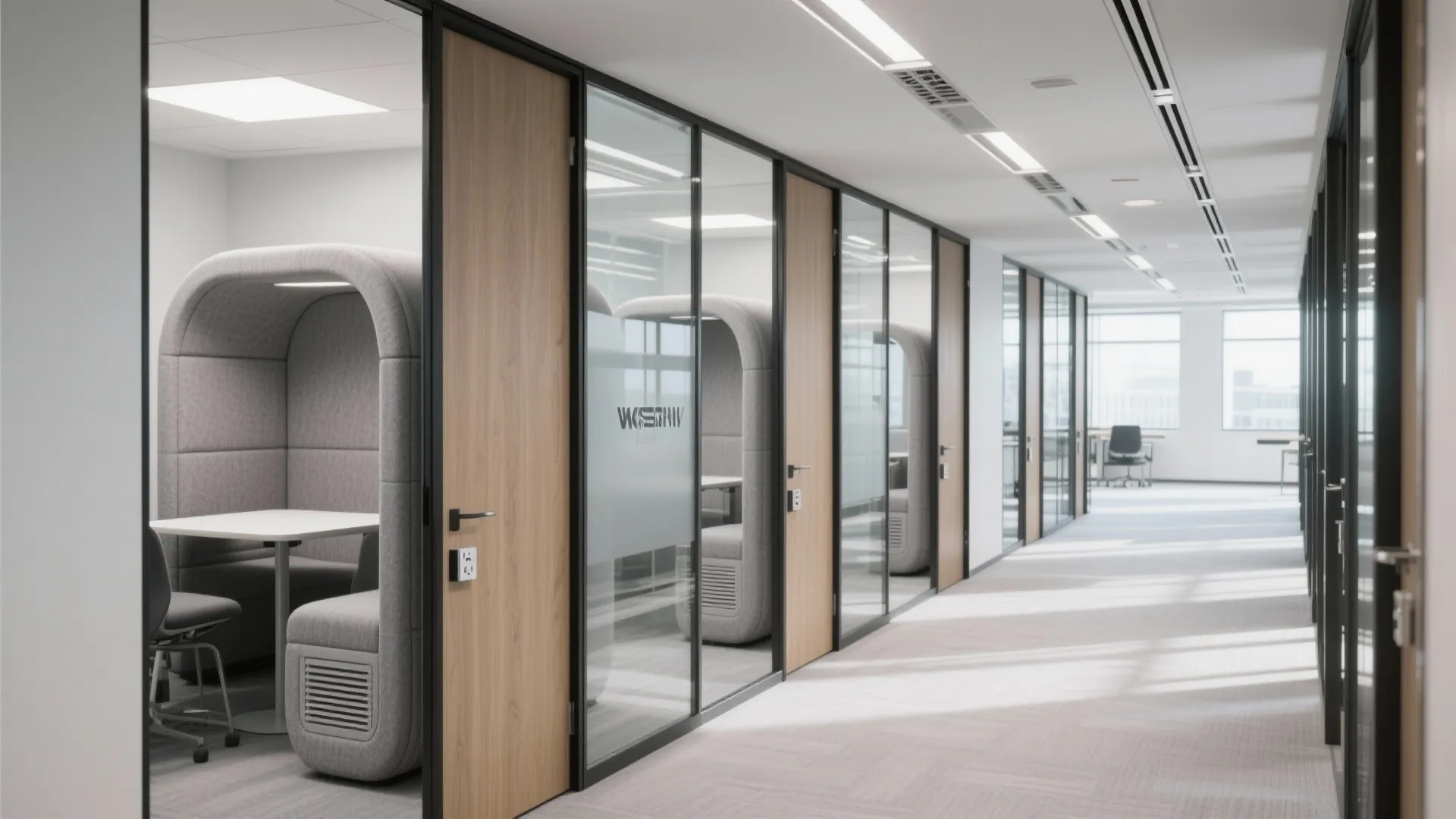 Demountable meeting pods and sliding walls