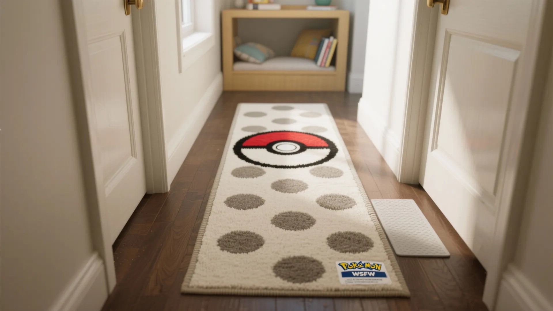 Long hallway rug runner with red white and black ball pattern on dark wood flooring