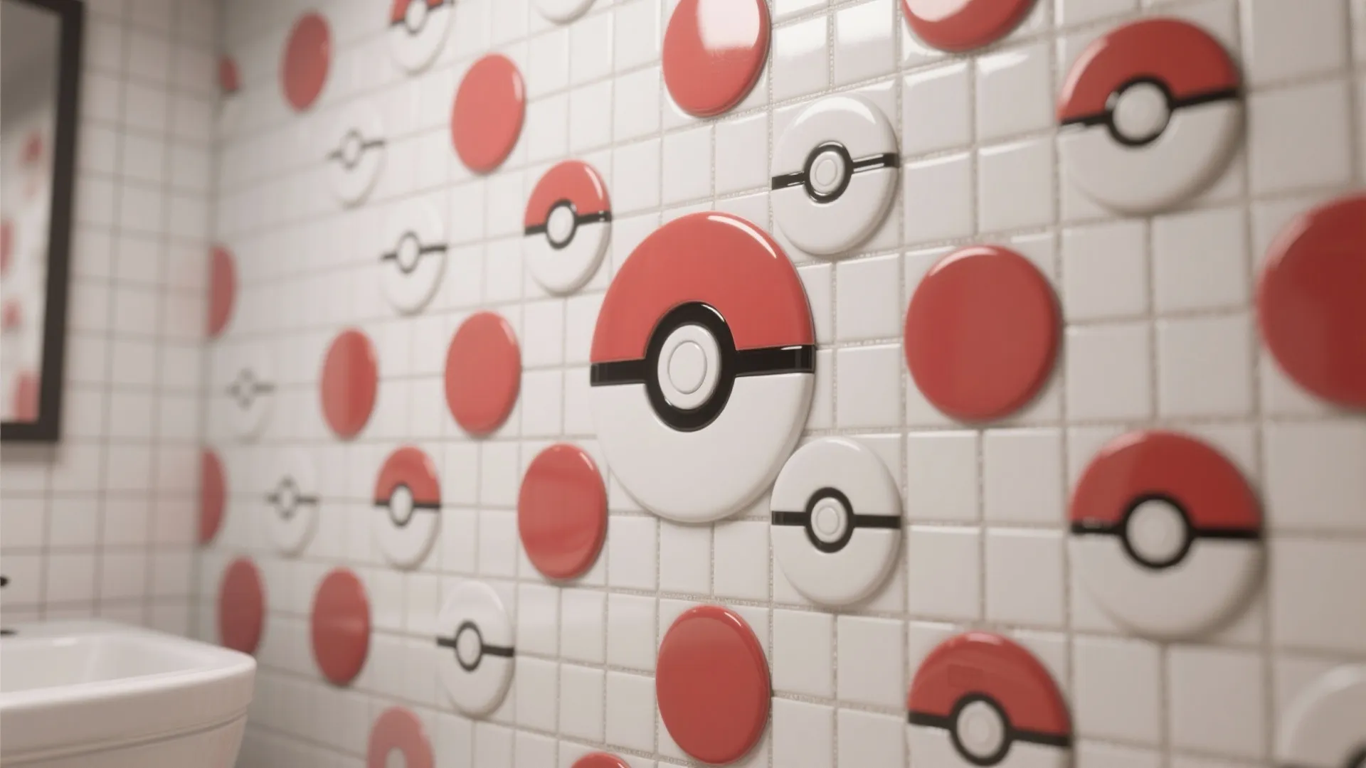 Close view of a subtle poke ball mosaic accent wall with porcelain circular tiles and blended grout in a bathroom.