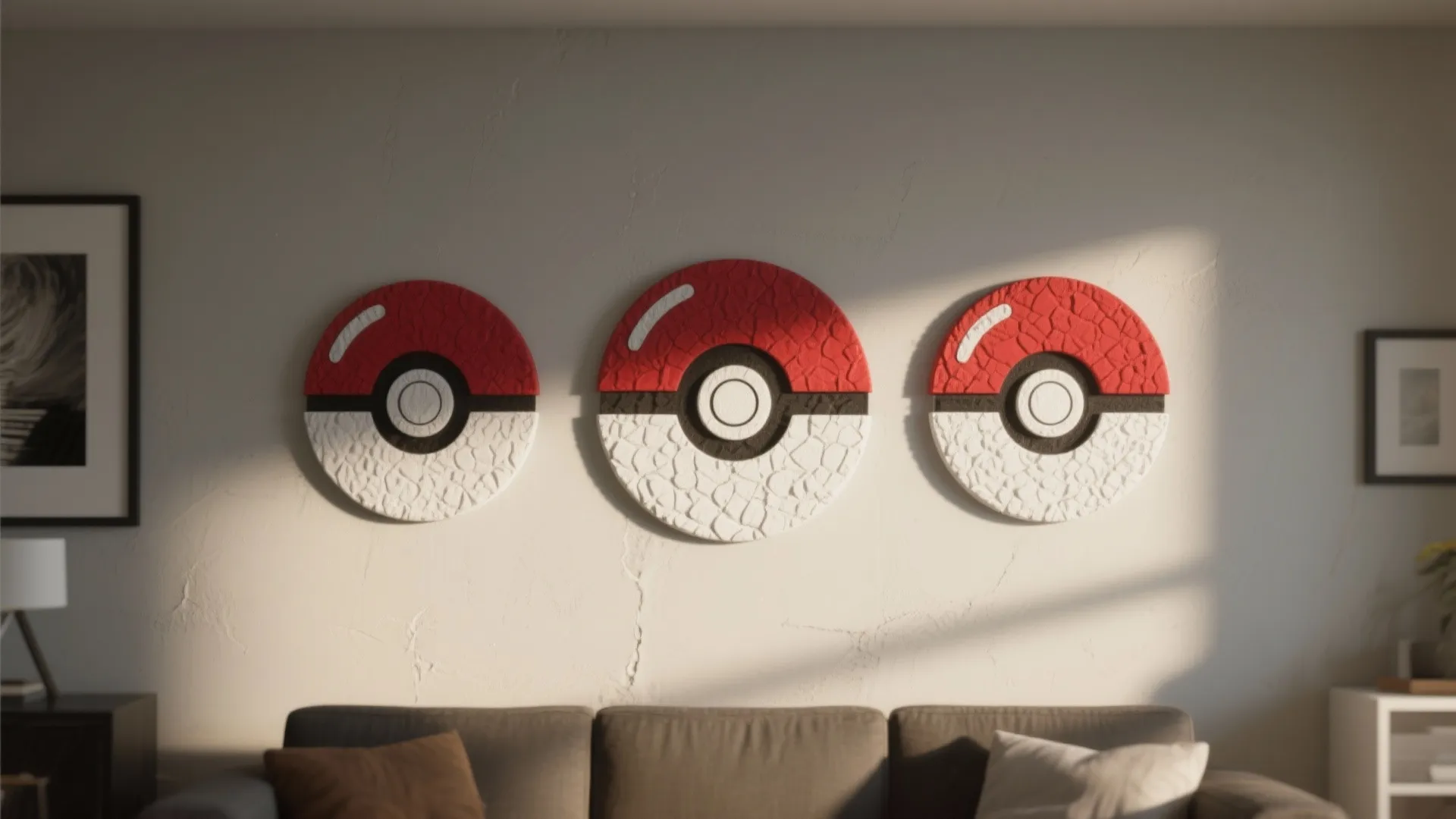 Three round red and white ball wall decorations hanging above a grey sofa with pillows