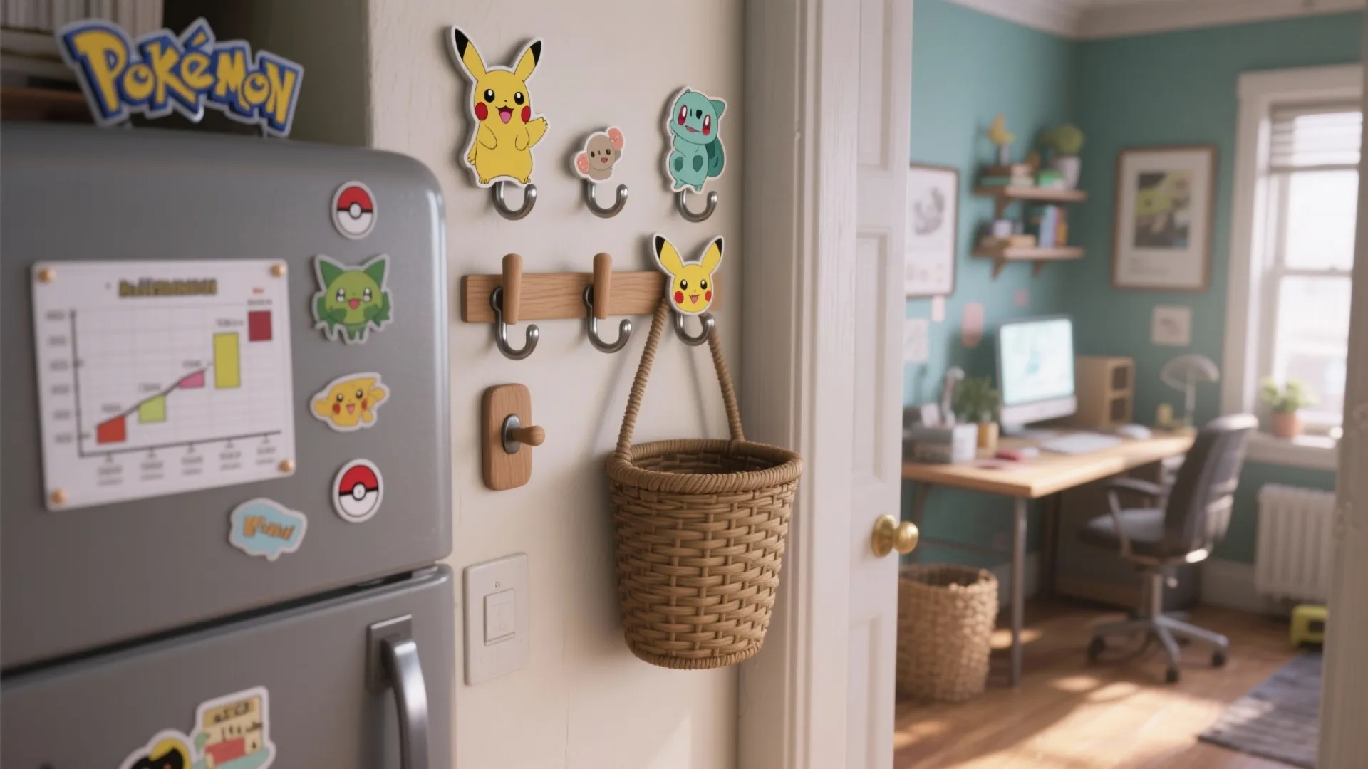 Cartoon character wall hooks holding a brown woven basket near a fridge and home office