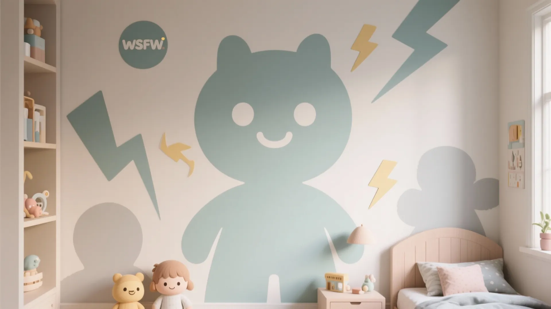 Statement wall with large removable decal mural in a child's room, subtle character silhouettes and lightning motifs.