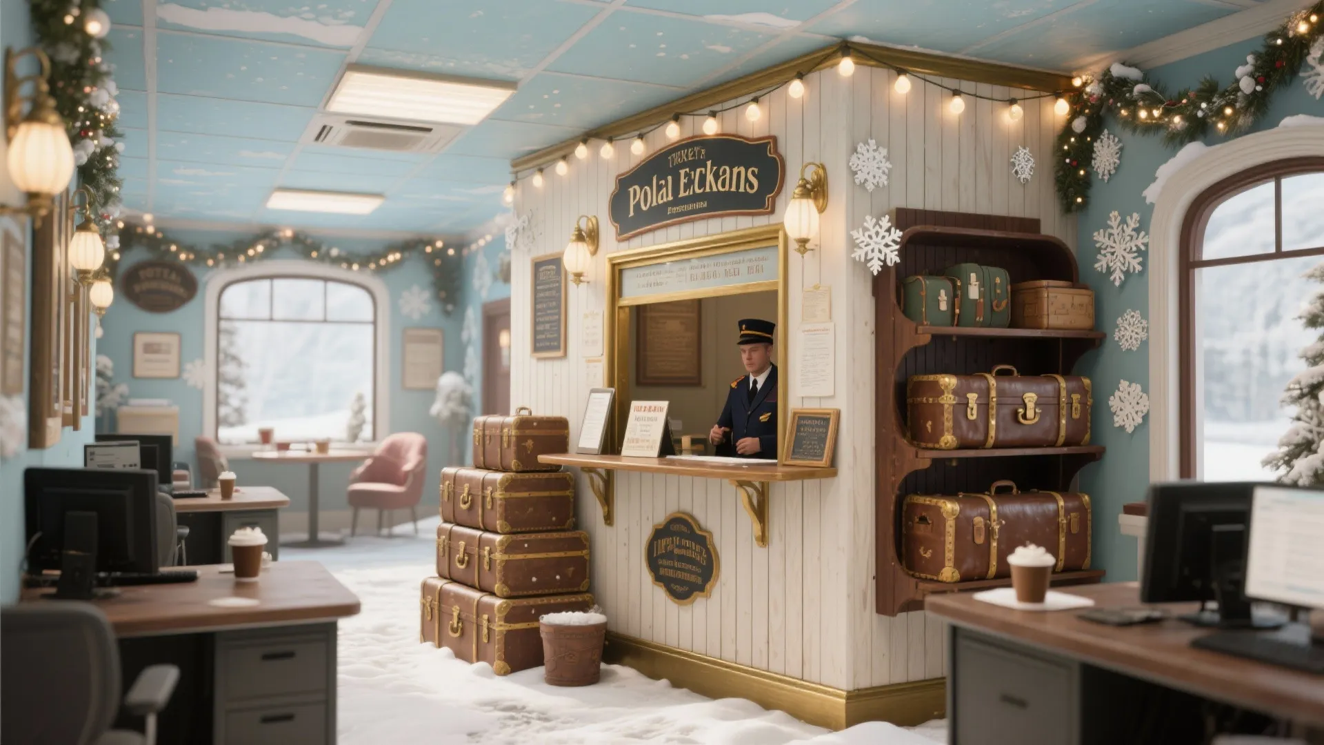 Winter themed ticket counter with staff member stacked suitcases snowflake decorations and festive light string indoor