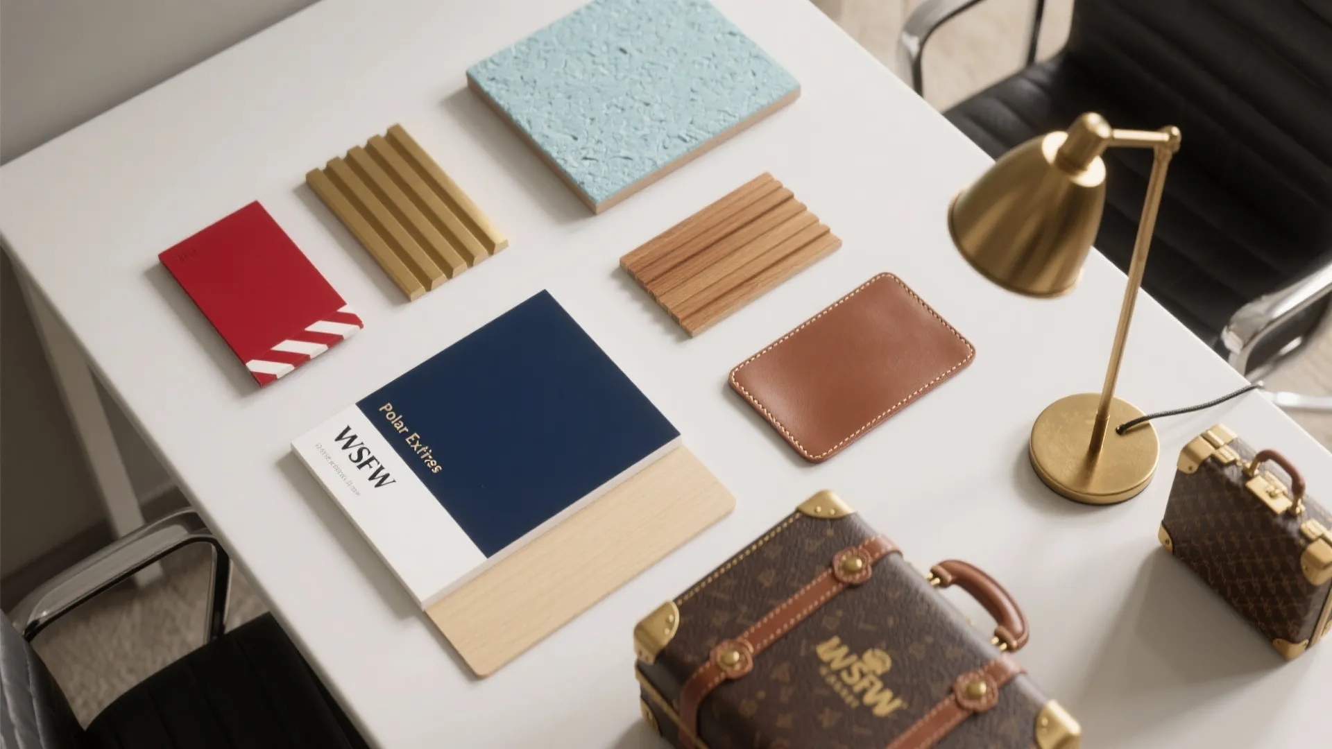 White desk holding wood samples blue book red card leather piece gold lamp and trunks