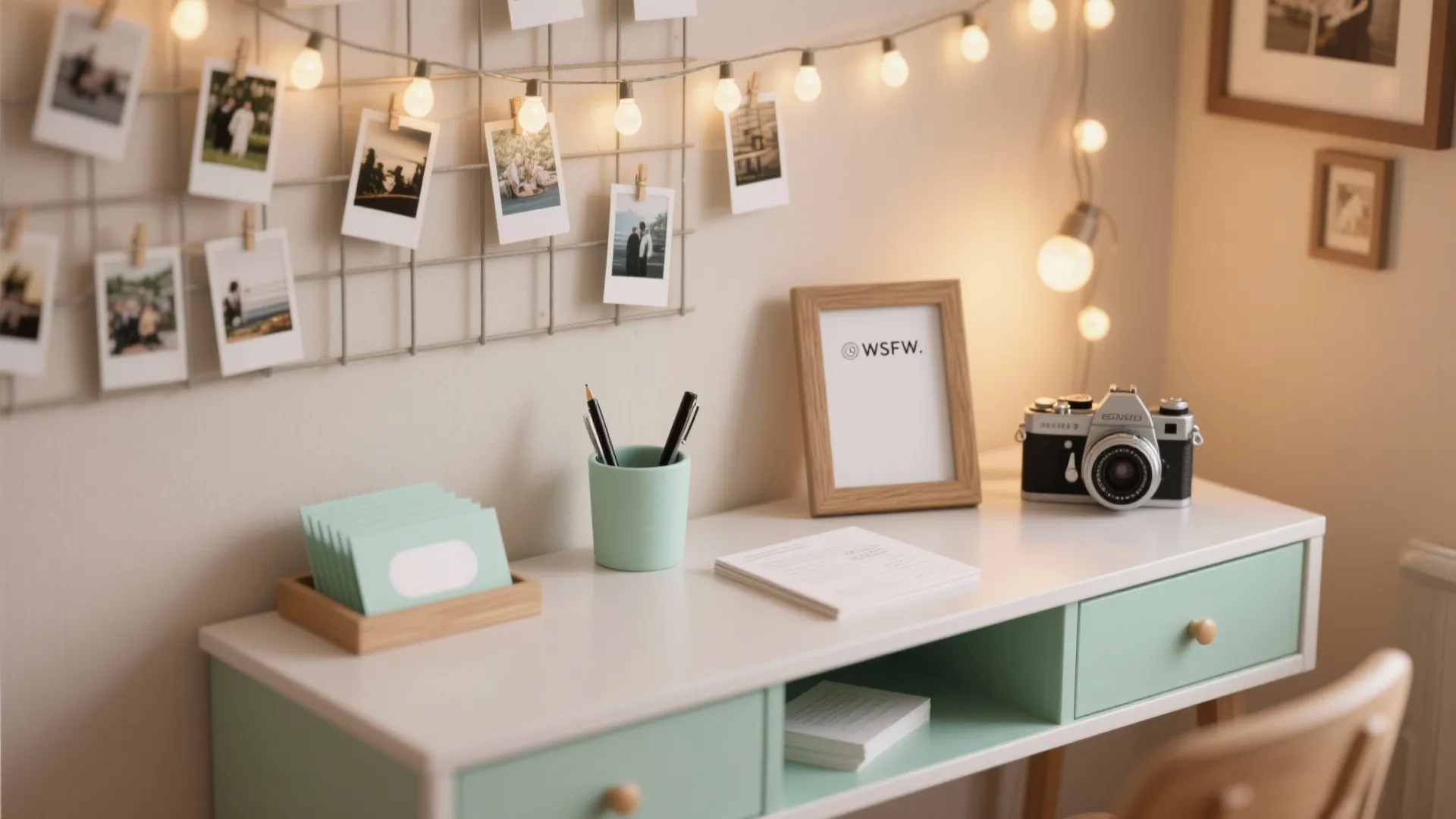 Message card station beside a wall of clipped instant photos with warm string lights.