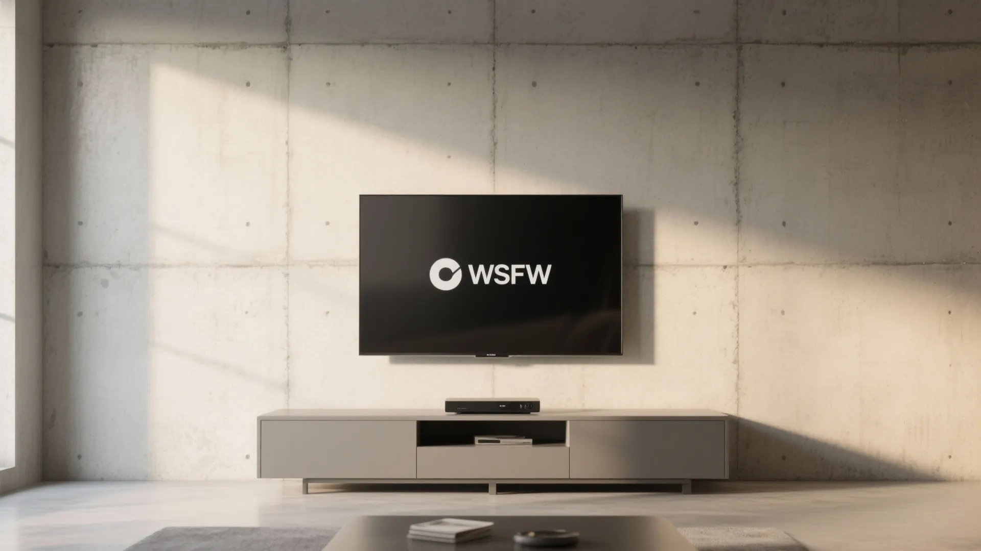 Modern television mounted on concrete wall panel above grey cabinet in bright living room setting