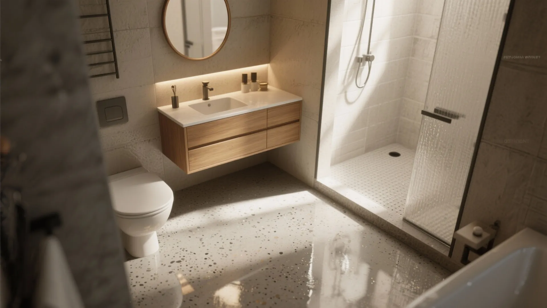 Bathroom interior with wood floating cabinet, round mirror, white toilet, and speckled stone floor tiles