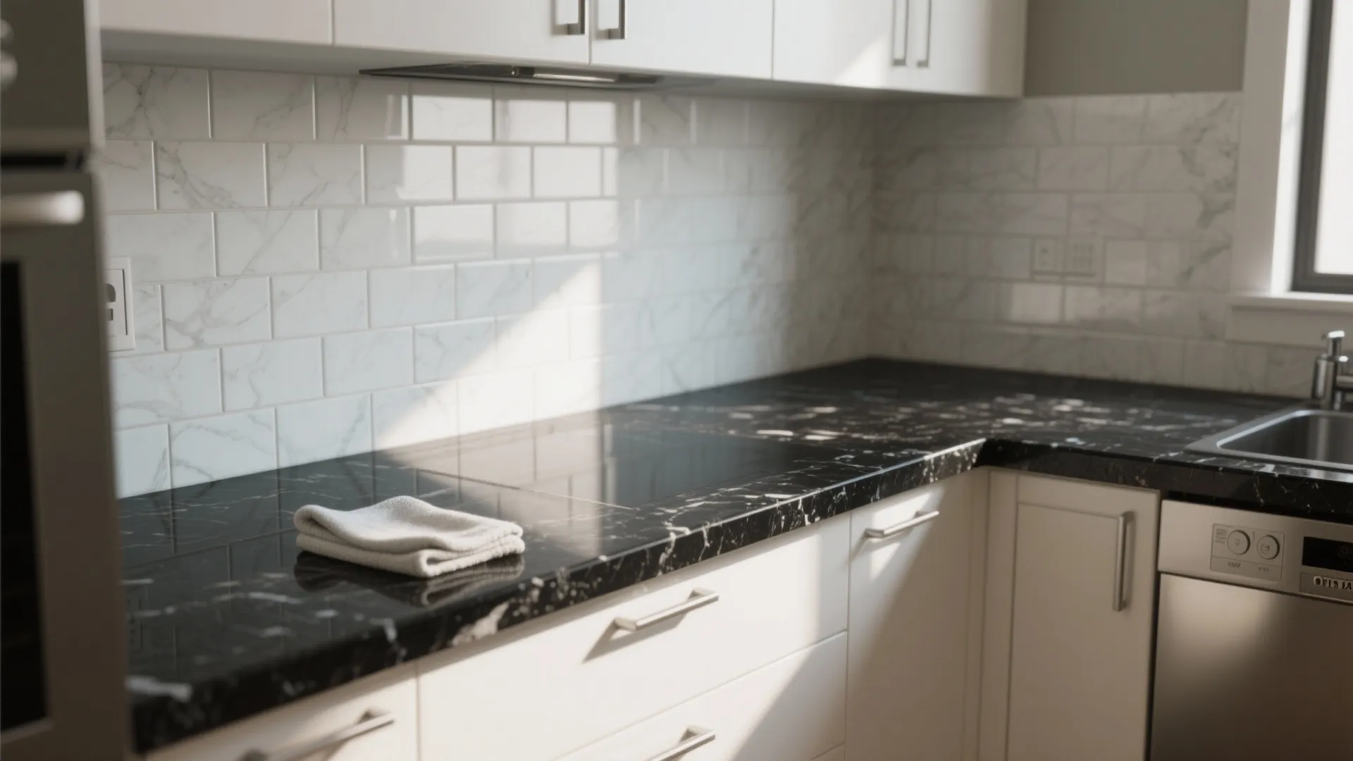 Bright kitchen with white cabinets black marble countertop white tile wall sink and silver dishwasher