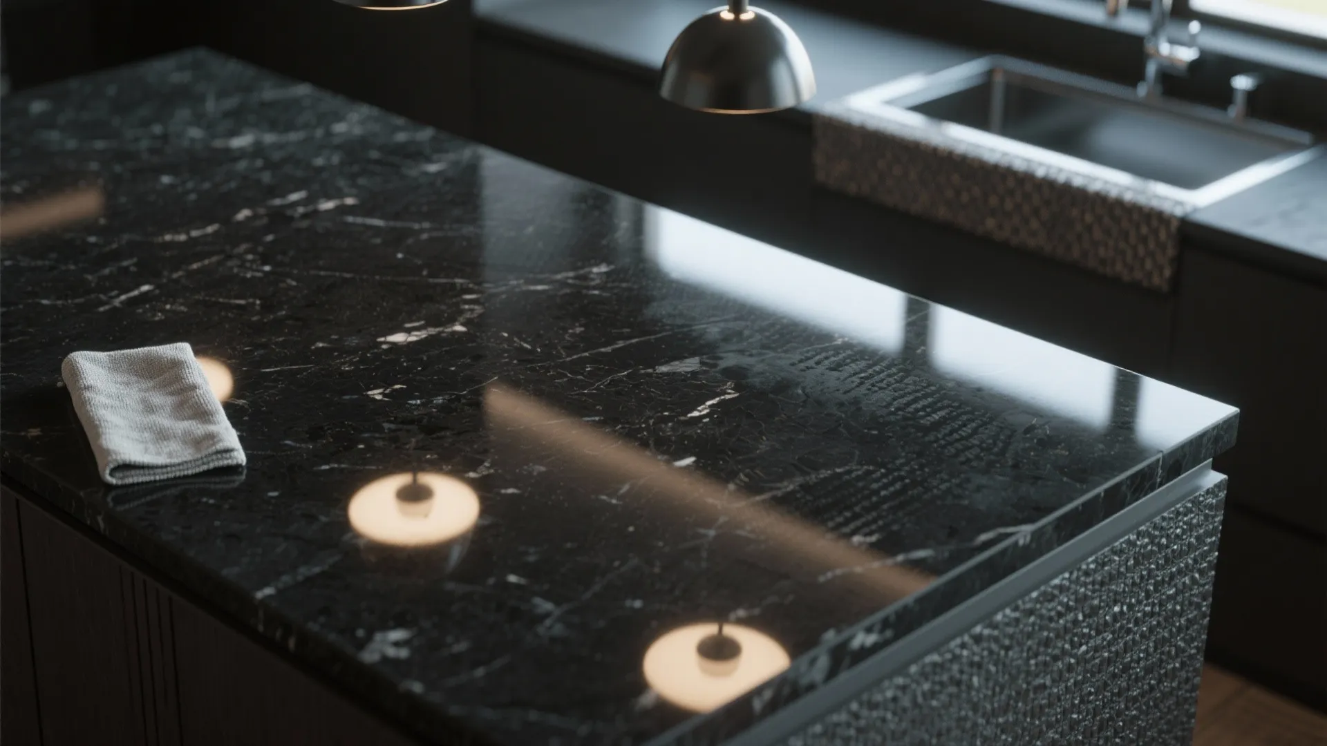 Close up view of black marble kitchen island countertop with white veins and sink area