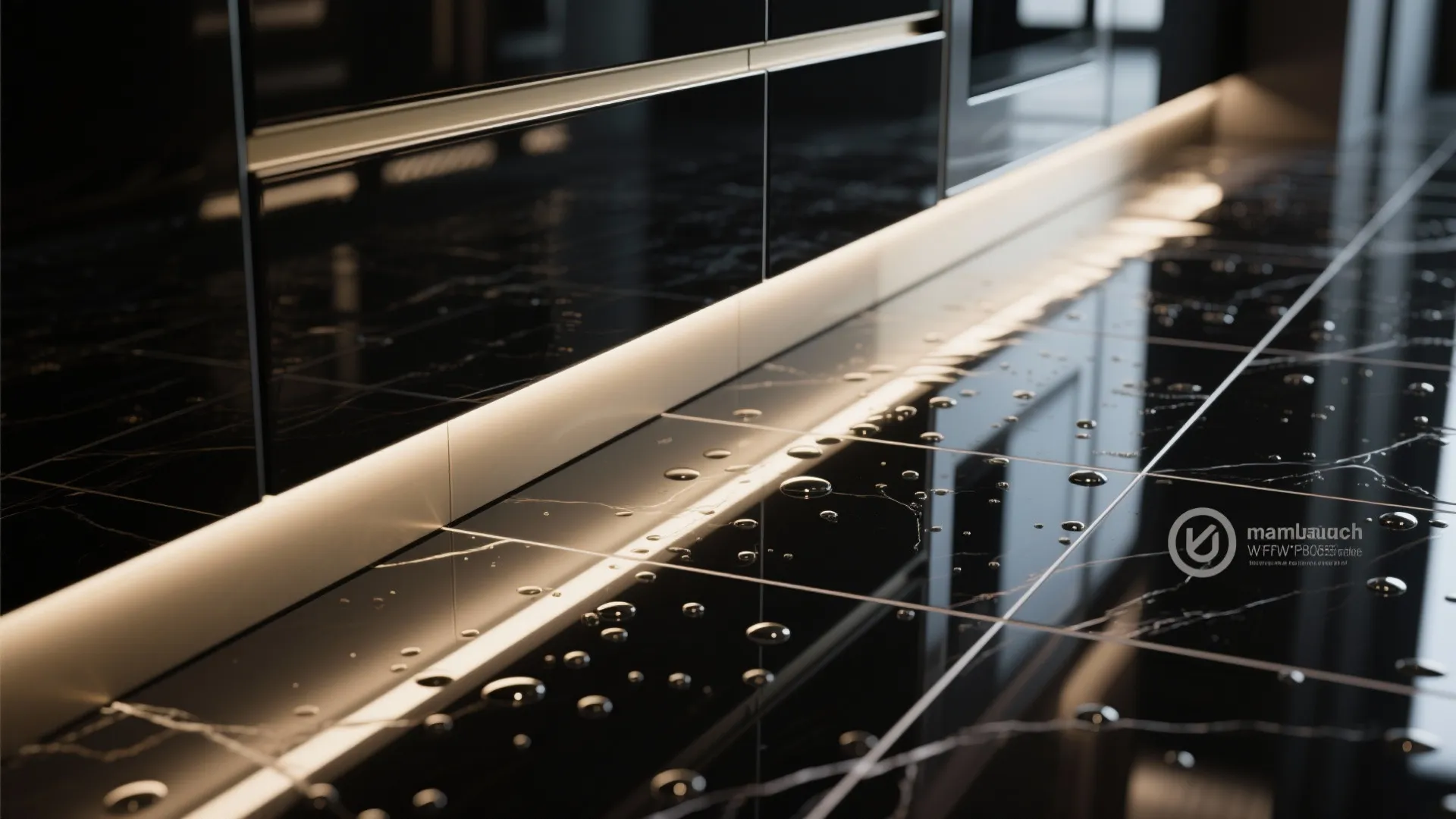 Close up of polished black marble floor tiles with water droplets and under cabinet lighting