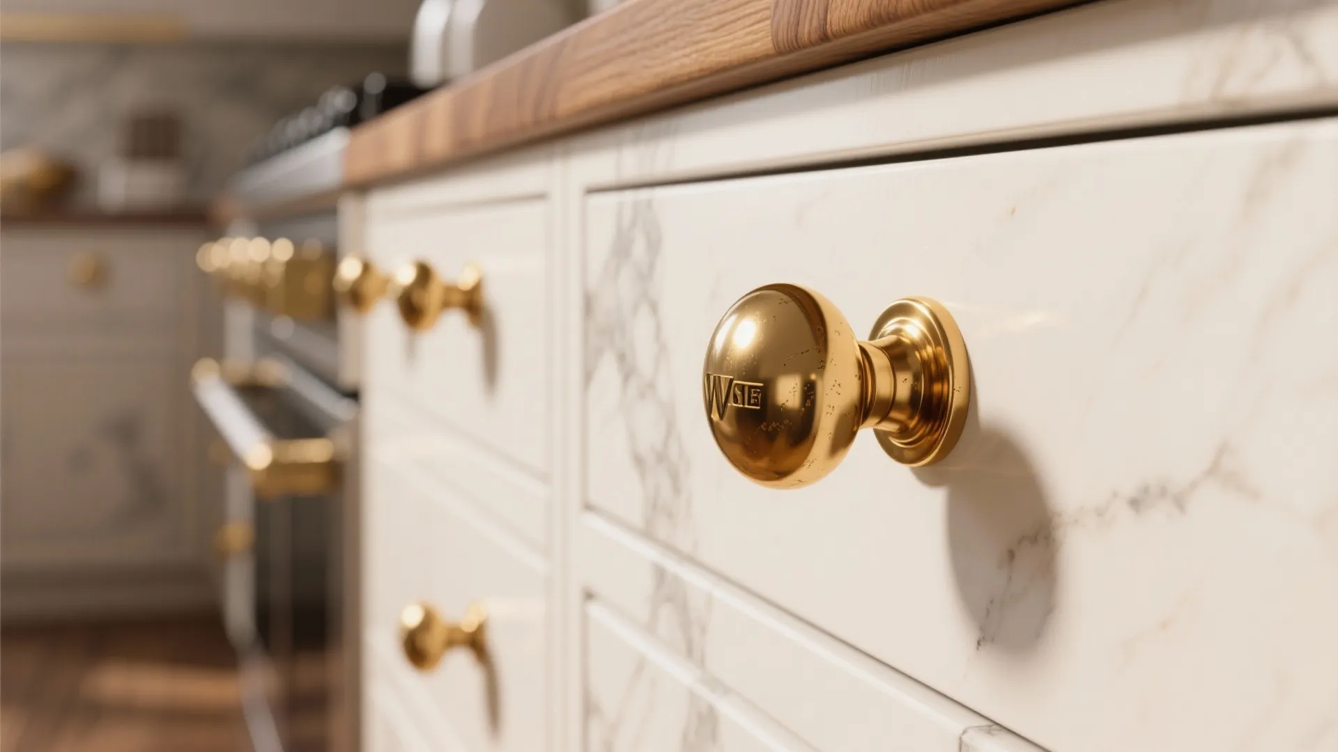 Close up of gold cabinet knobs on white marble drawer fronts in a modern bright kitchen