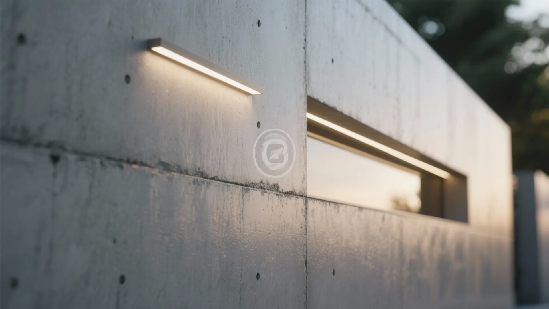 Close up of grey concrete wall with a modern wall light and one small window
