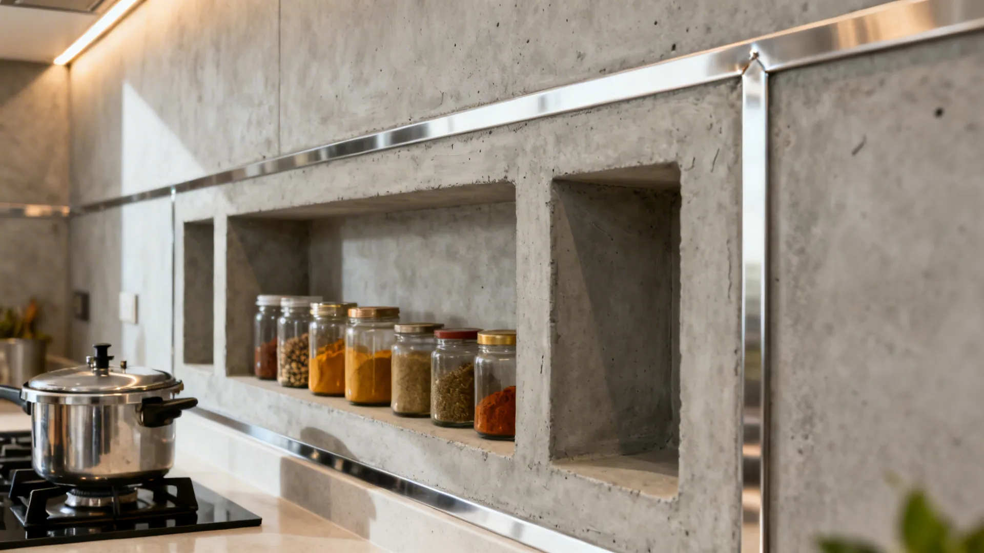 Polished cement niches with steel edging