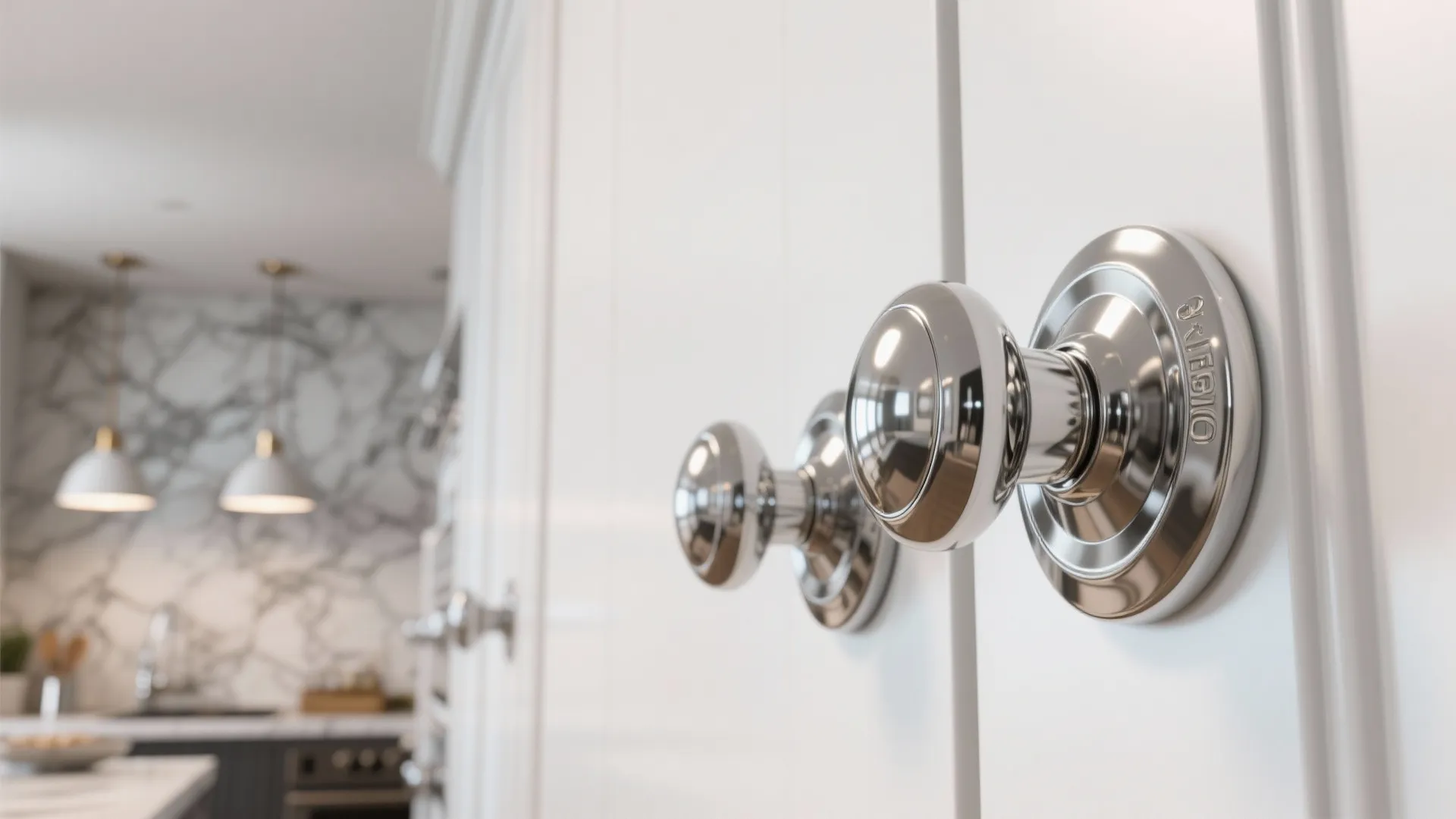 Polished chrome knobs reflecting kitchen lighting