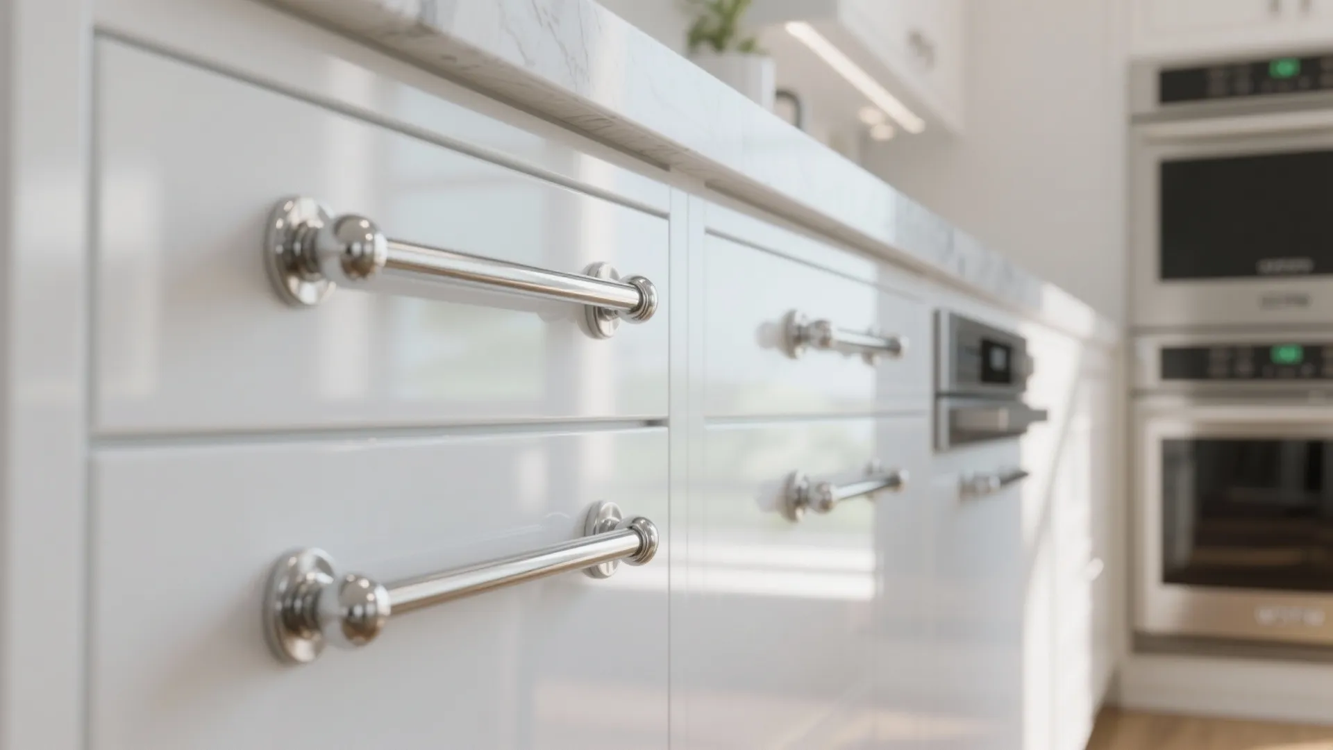 Close up of white kitchen cabinets with polished chrome metal handles and white marble counter top