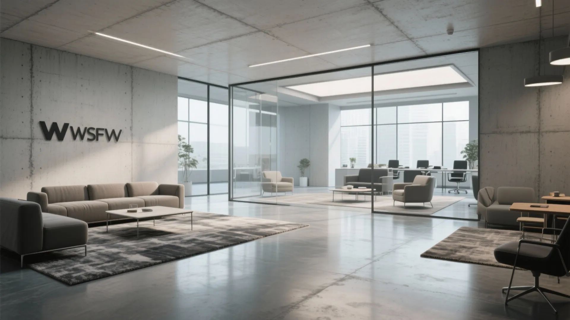 Minimalist office lobby with polished concrete flooring and area rugs.