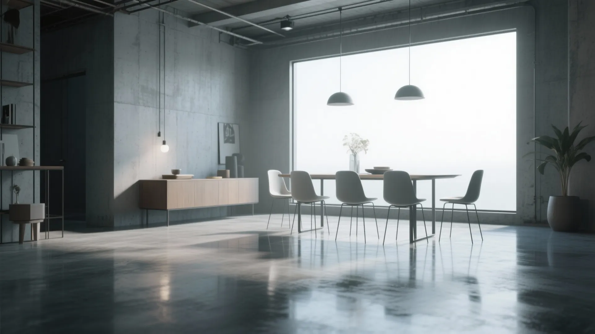 Industrial dining space with concrete walls polished grey floor long wooden table and white modern chairs