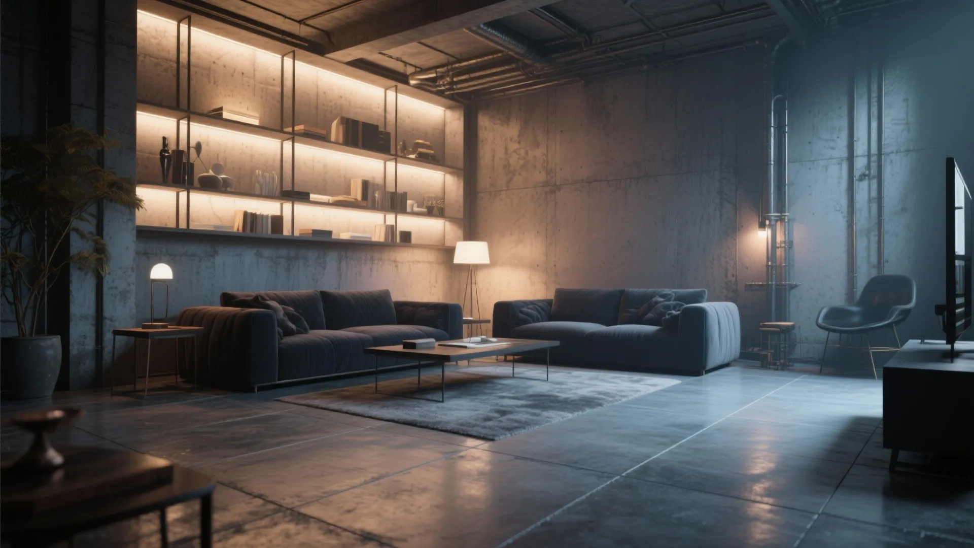 Industrial living room with concrete walls, grey sofas, lit wall shelves, and smooth polished floor