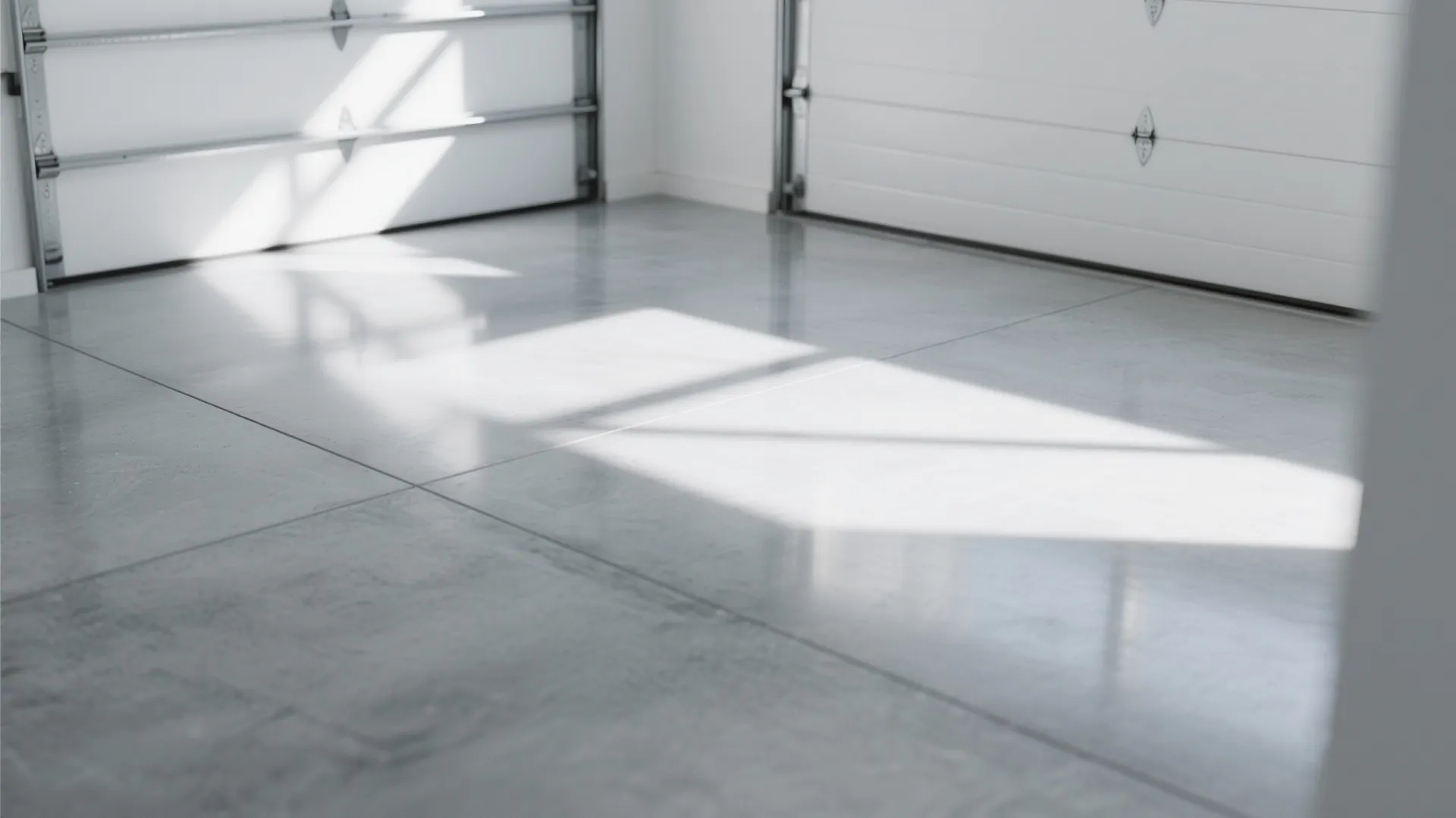 Clean polished grey concrete garage floor with sunlight reflecting from two white modern garage doors