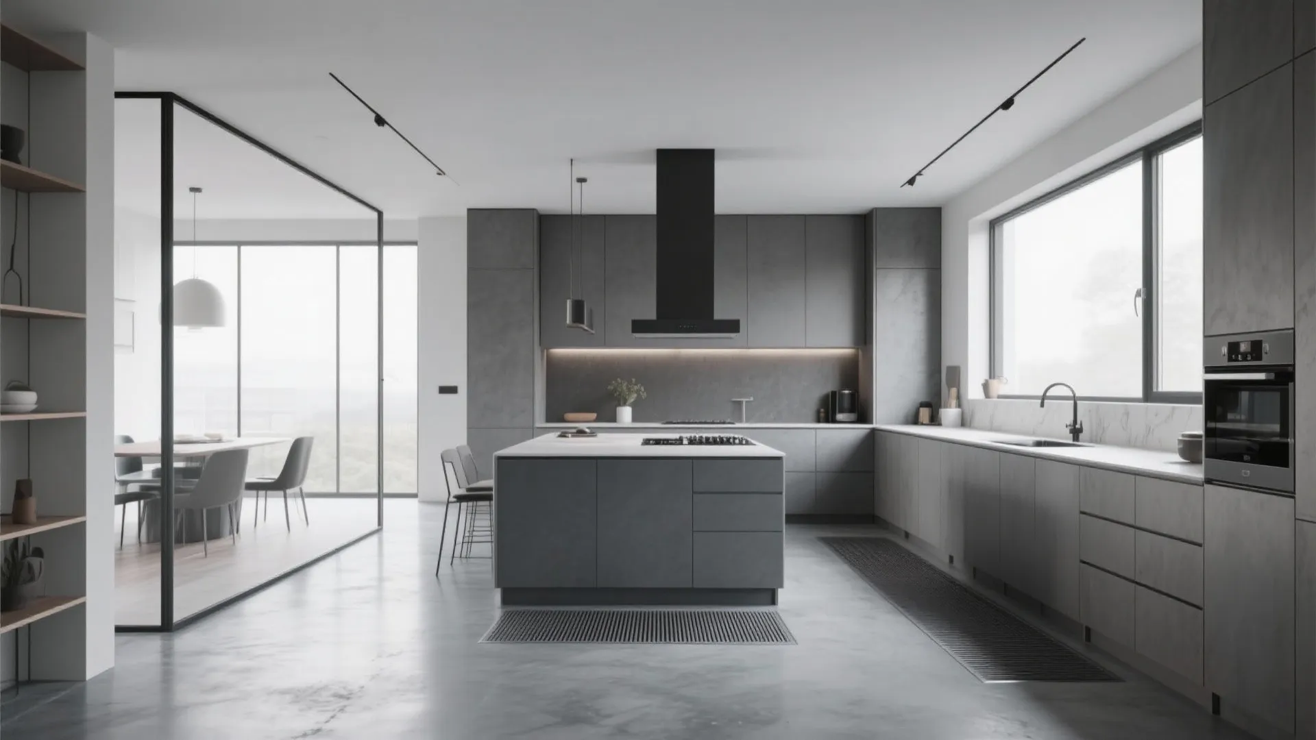 Modern grey kitchen design with concrete floor island table black range hood and large windows