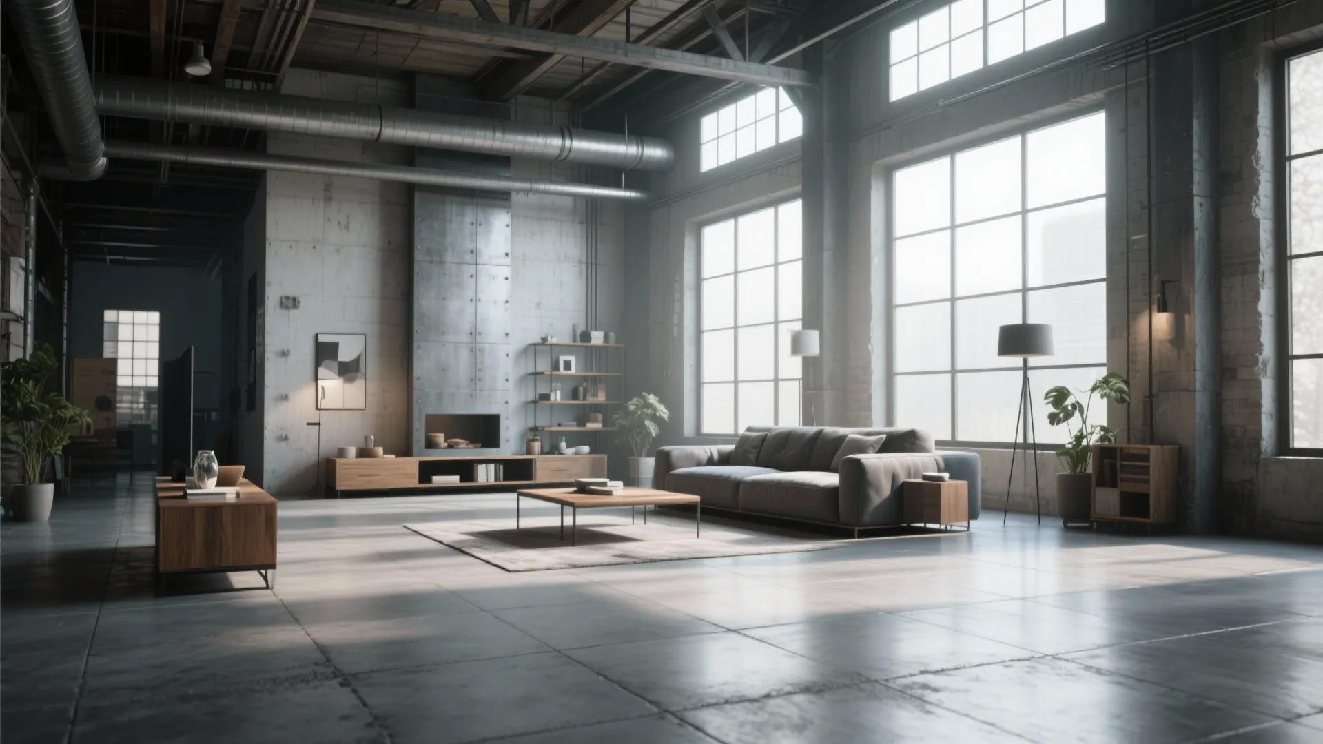 Industrial loft living room with concrete floor metal pipes grey sofa and large square windows