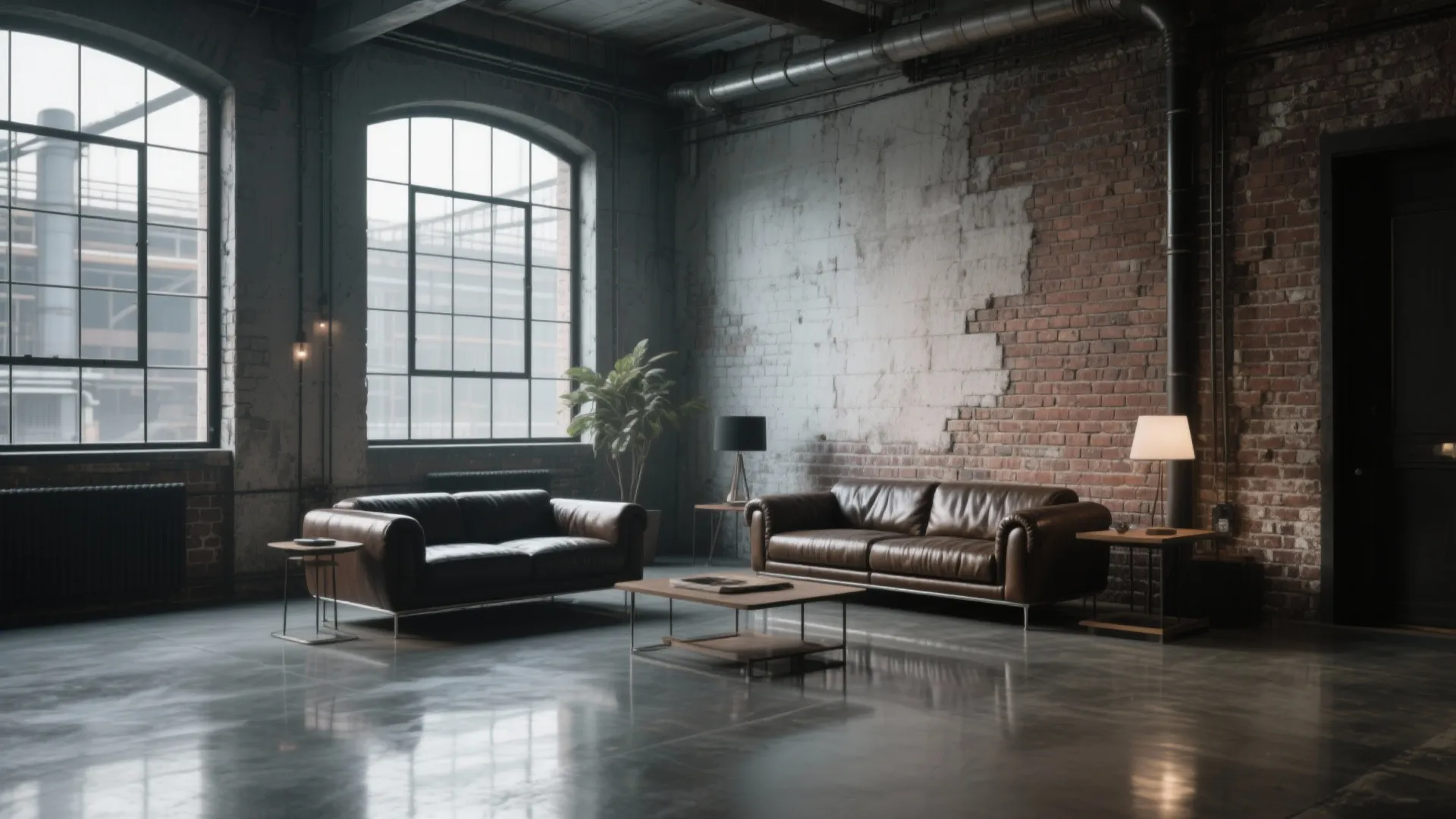 Industrial loft living room with leather sofas brick walls large windows and polished grey concrete floor