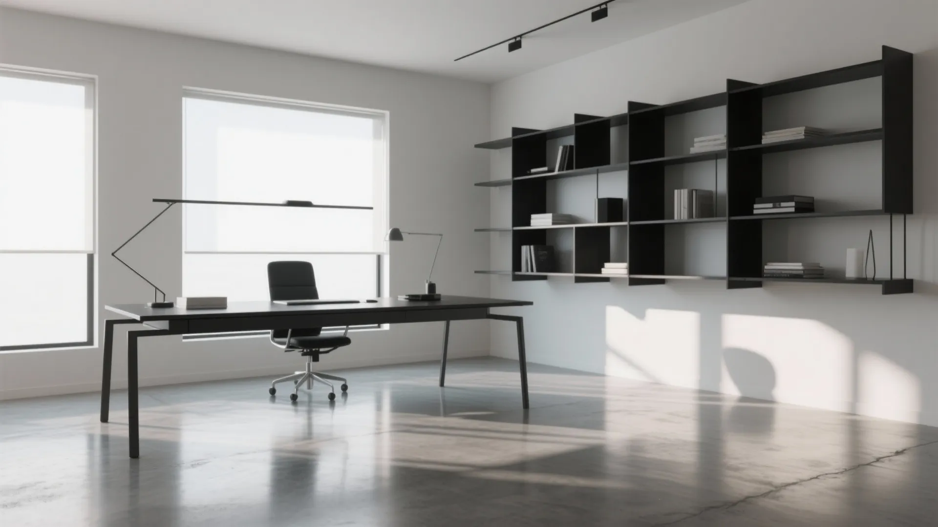 Minimalist office design with grey concrete floor black wall shelf large desk and bright windows