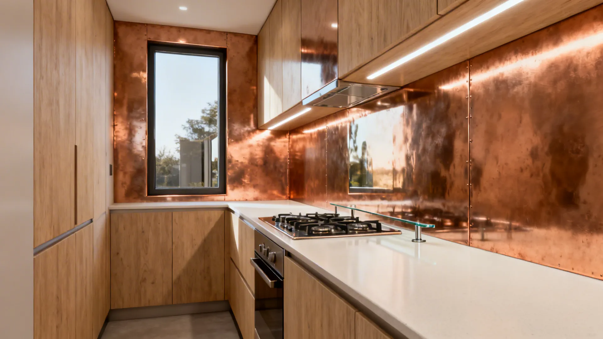 Polished copper sheet backsplash reflecting window light behind a compact cooktop.