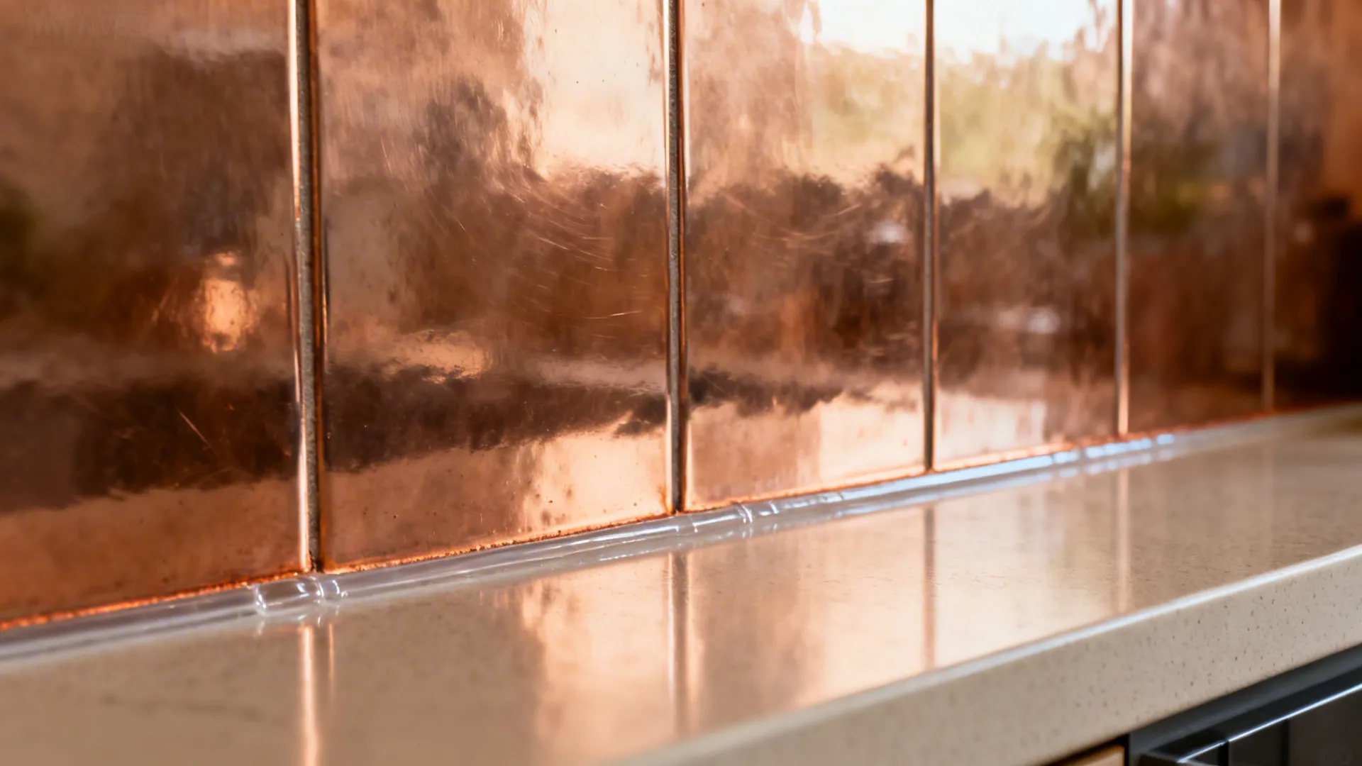 Macro detail of polished copper backsplash with clean reflective surface and neat seam.