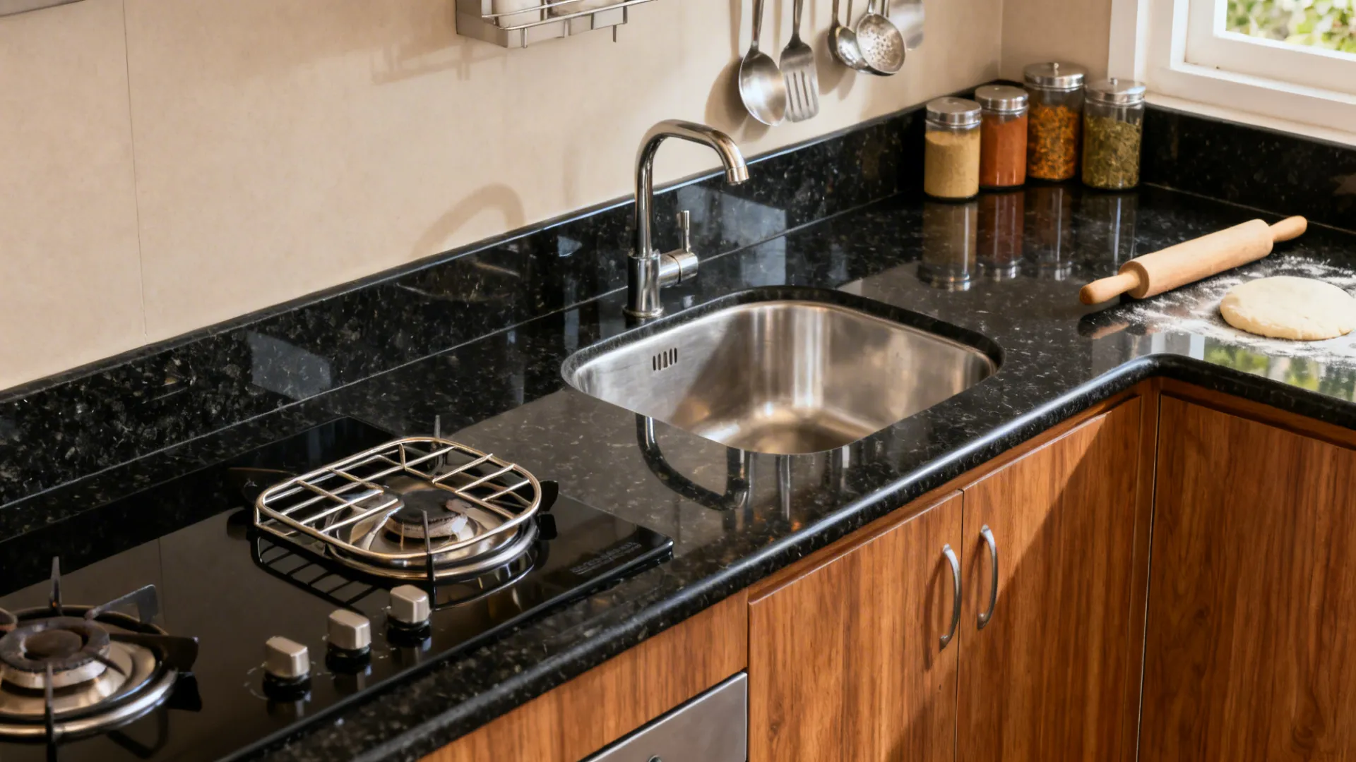 Black granite kitchen countertop with stainless steel sink gas stove wooden cabinets and bread baking dough