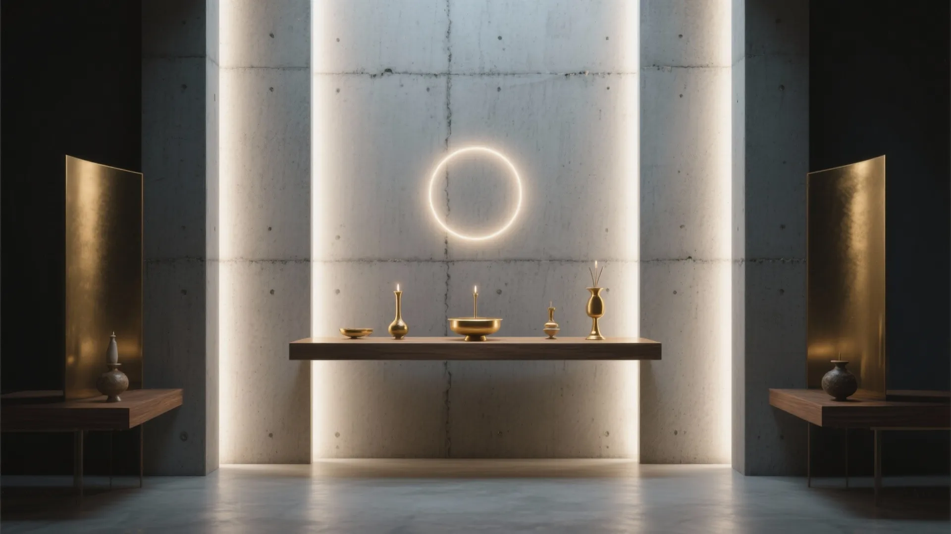 Minimalist concrete room featuring floating wood shelf with gold decorative items and circular wall light