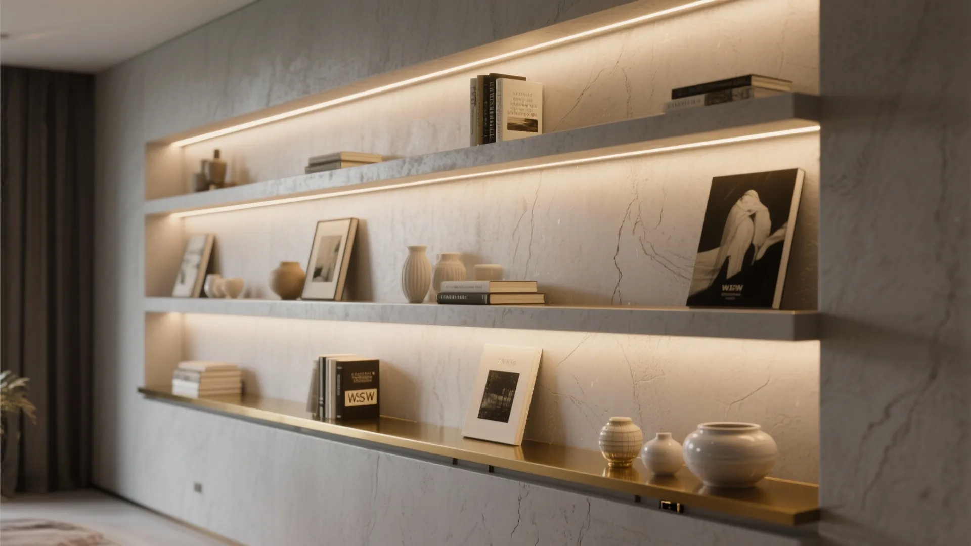 Modern wall shelves with built in light strips holding books vases and simple art pieces