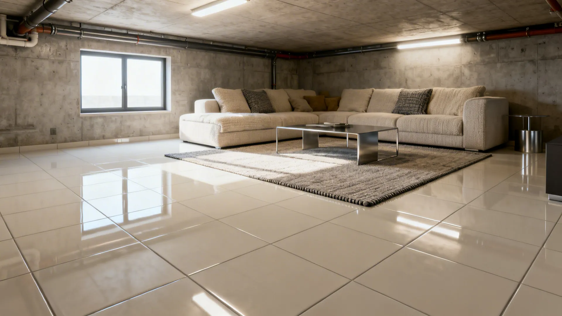 Modern living room with concrete walls beige sofa coffee table rug and polished light tiles
