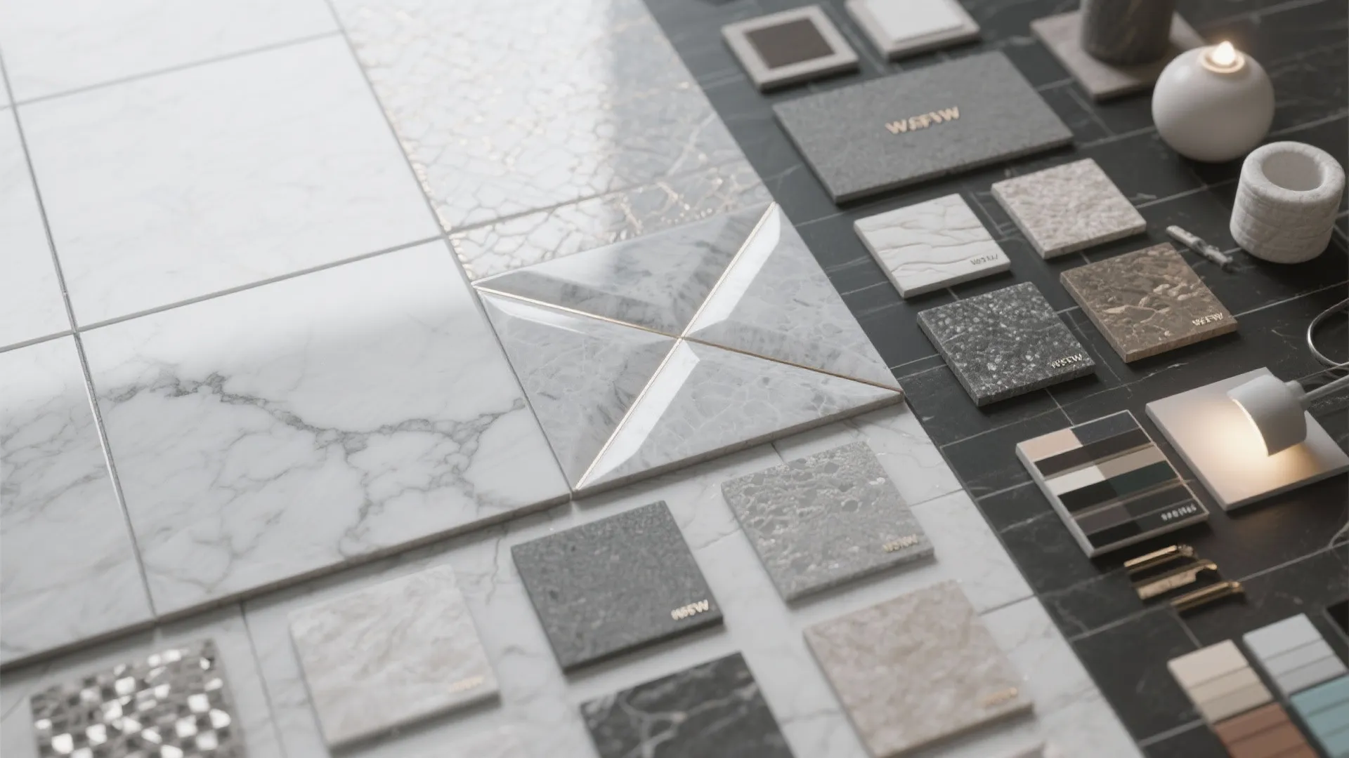 Variety of marble and stone tile samples with different textures on a dark grey surface.