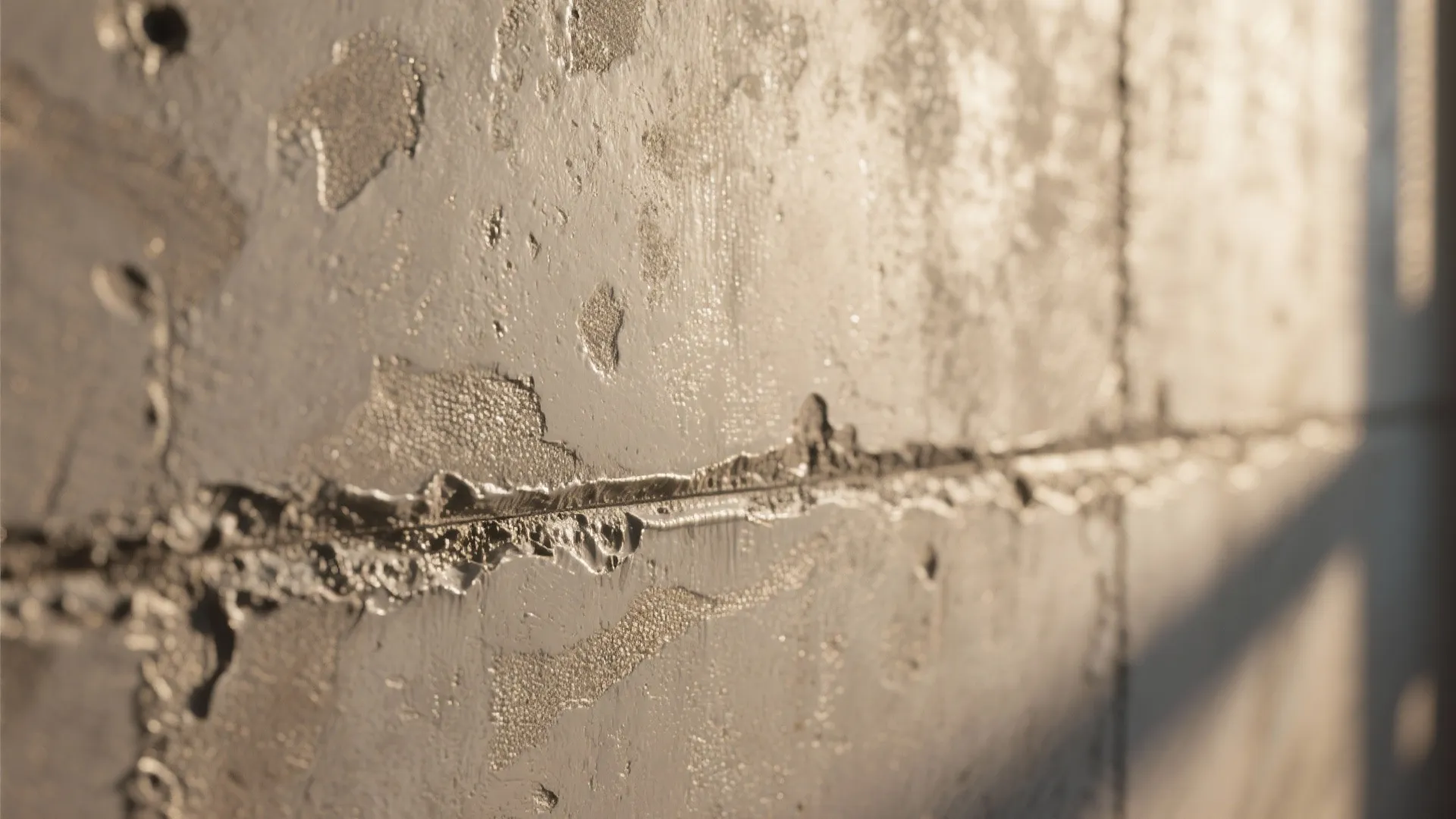 Close up view of textured grey wall panel showing rough surface with sunlight and shadows