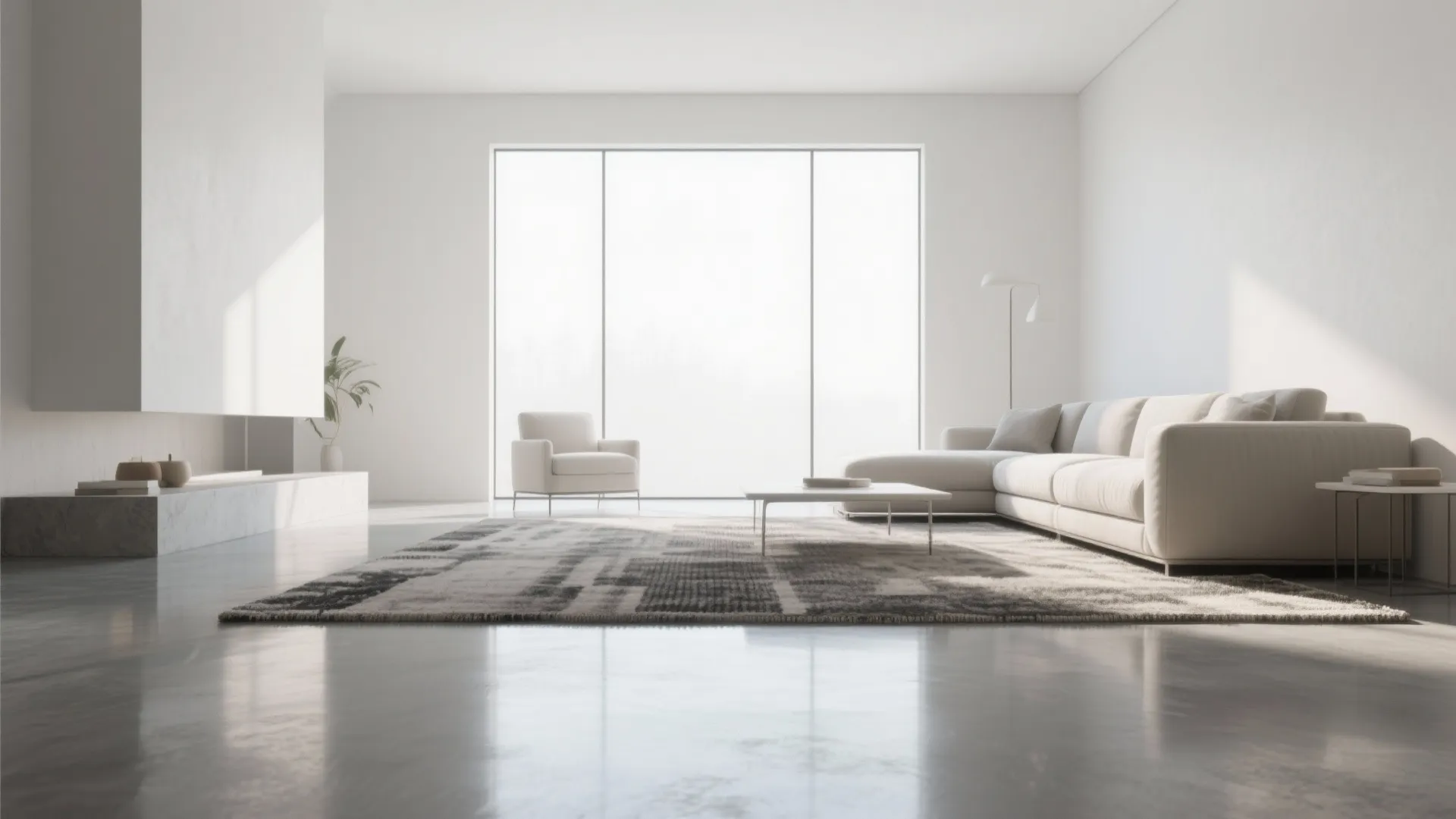 Minimalist white living room featuring a large sofa armchair coffee table rug and bright windows