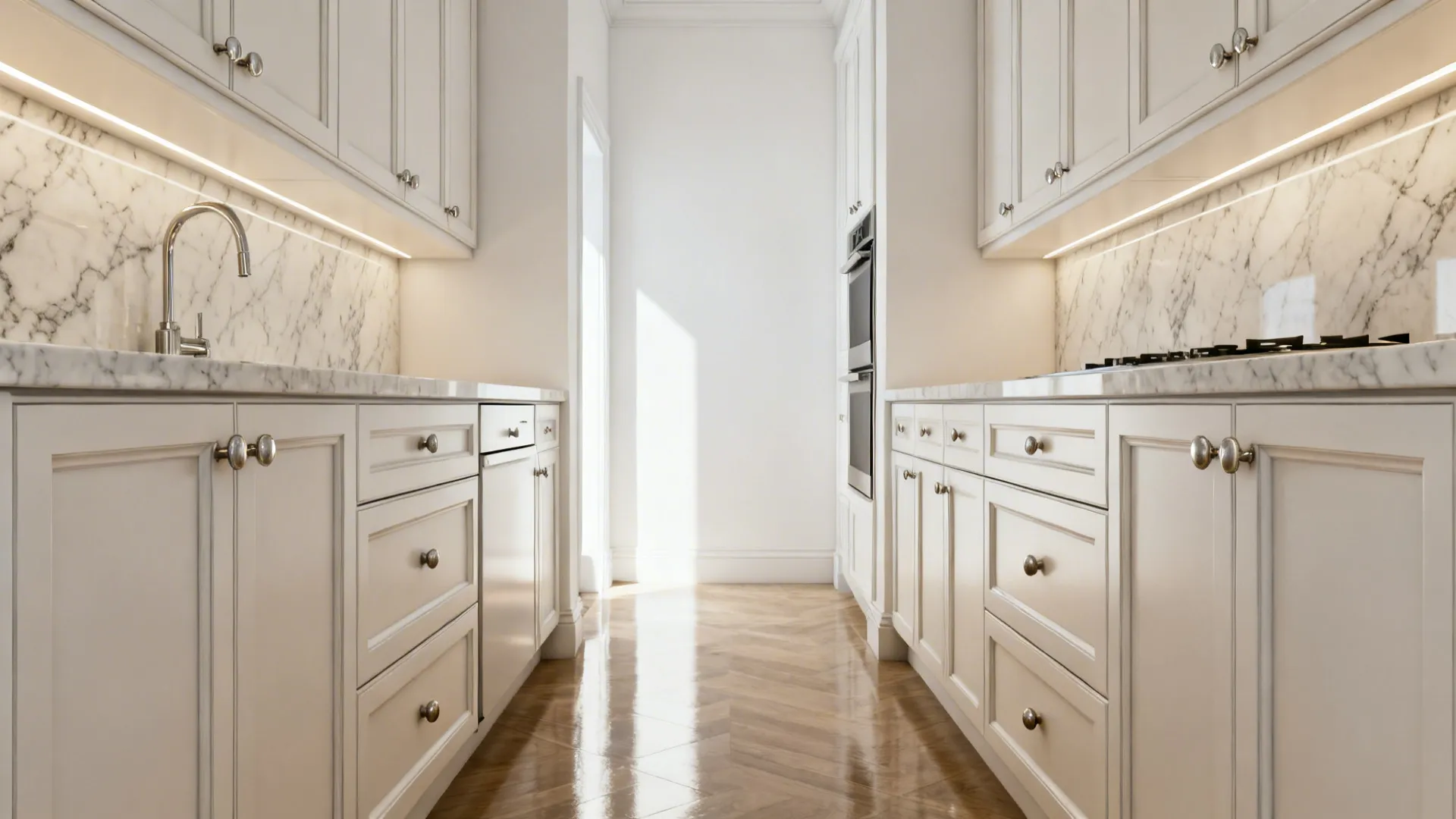 Classic galley kitchen with polished nickel cup pulls and knobs reflecting soft light.
