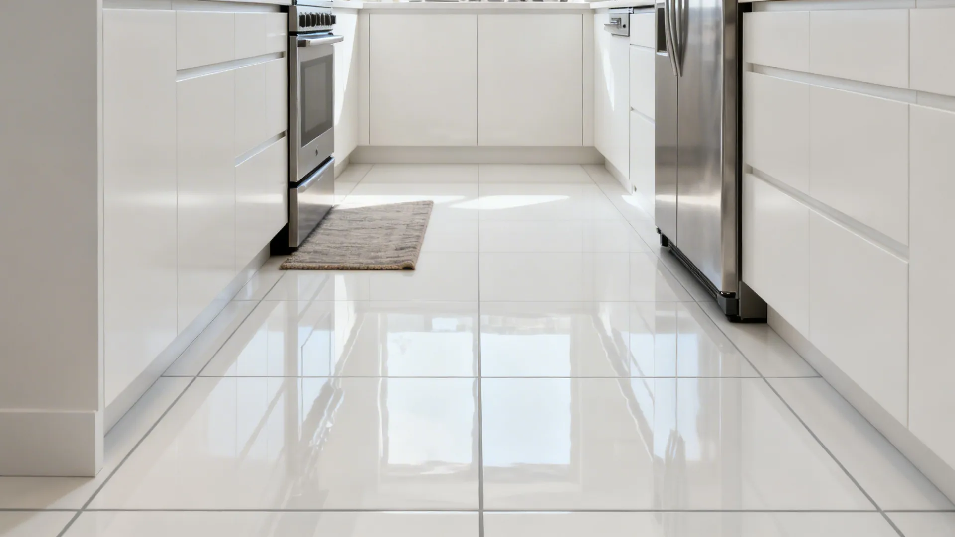 Narrow galley kitchen with large polished white porcelain floor tiles.