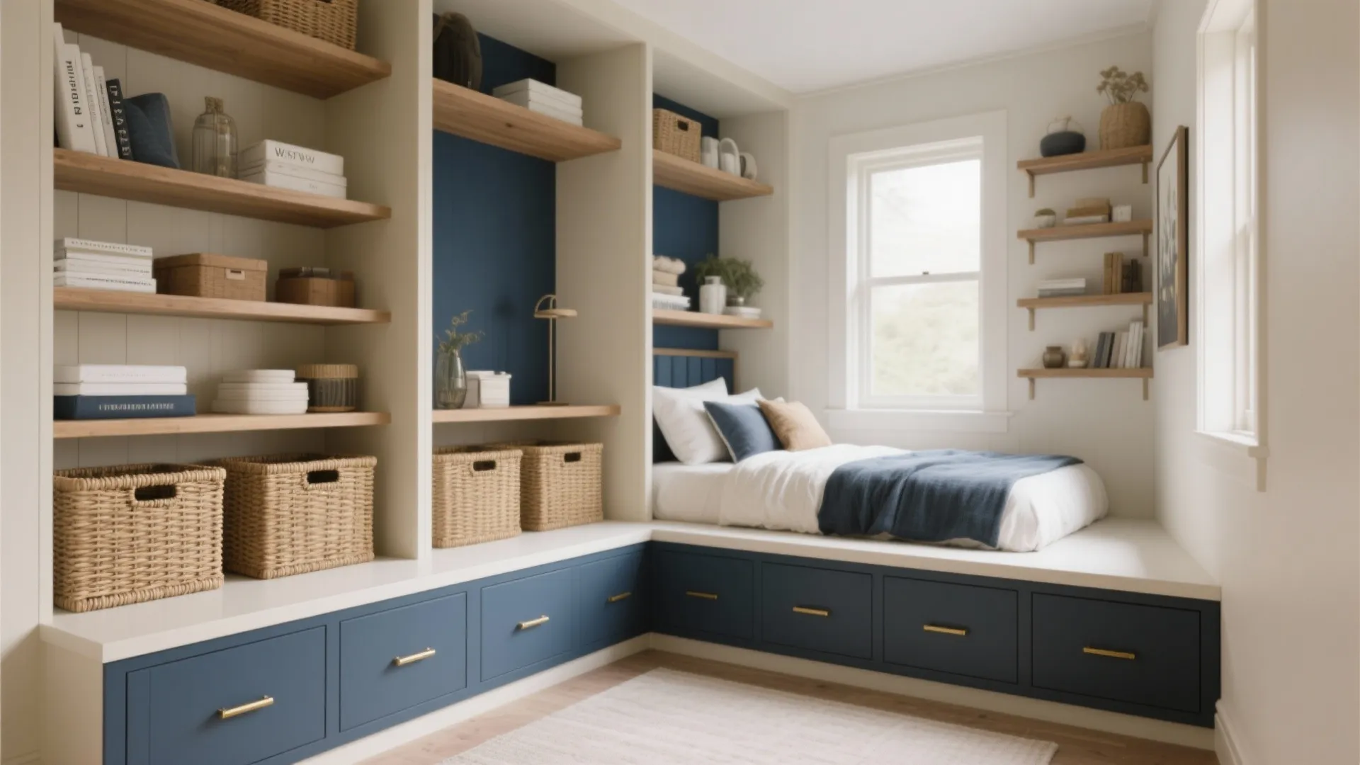 Modern bedroom with blue built-in cabinets wooden shelves woven baskets white bed and natural window light