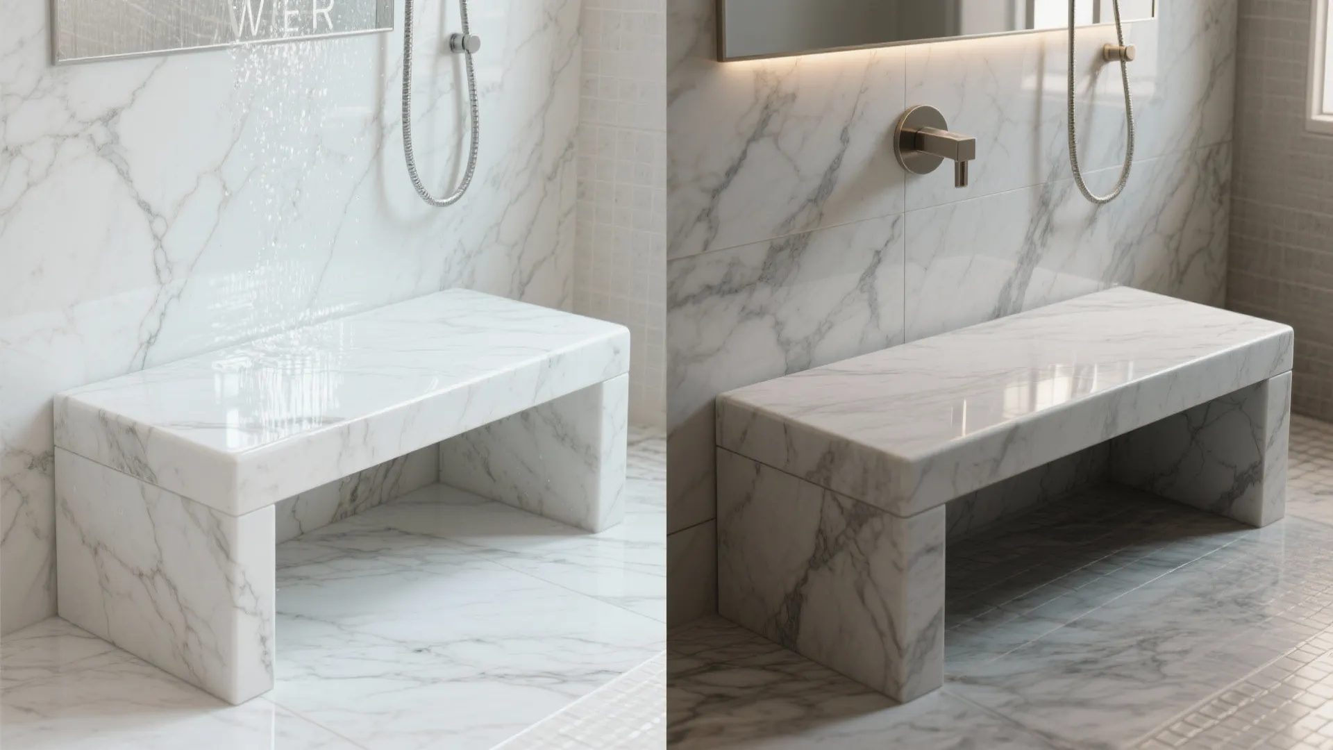 Before and after split image showing polished marble bench versus honed matte marble bench in a shower.