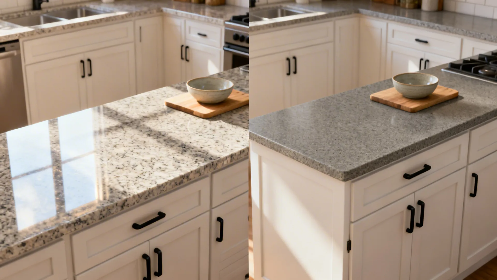 Side-by-side small kitchen showing polished granite’s shine versus honed granite’s matte finish.