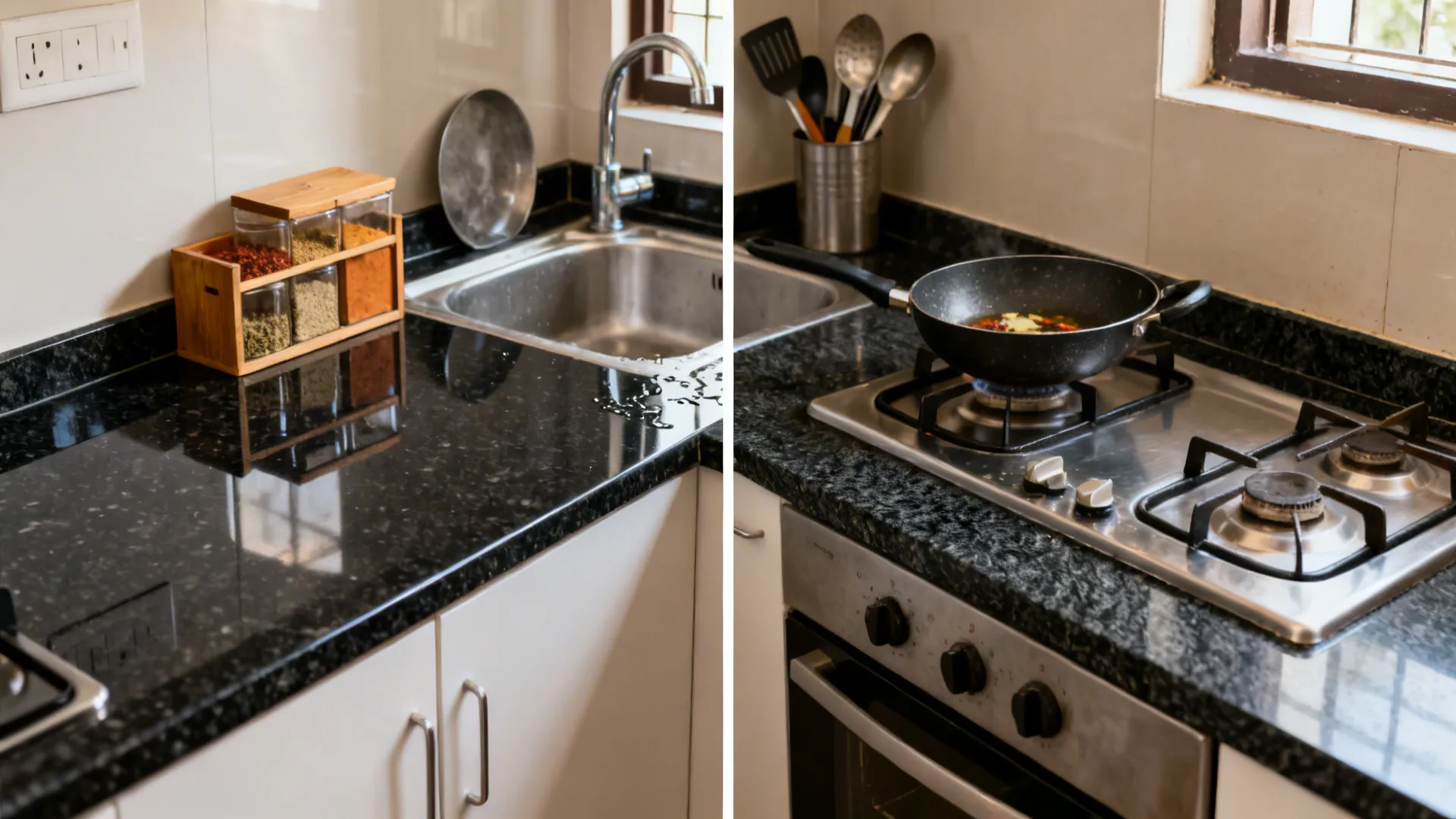 Comparison of polished and leathered Absolute Black granite in an Indian kitchen cook zone.