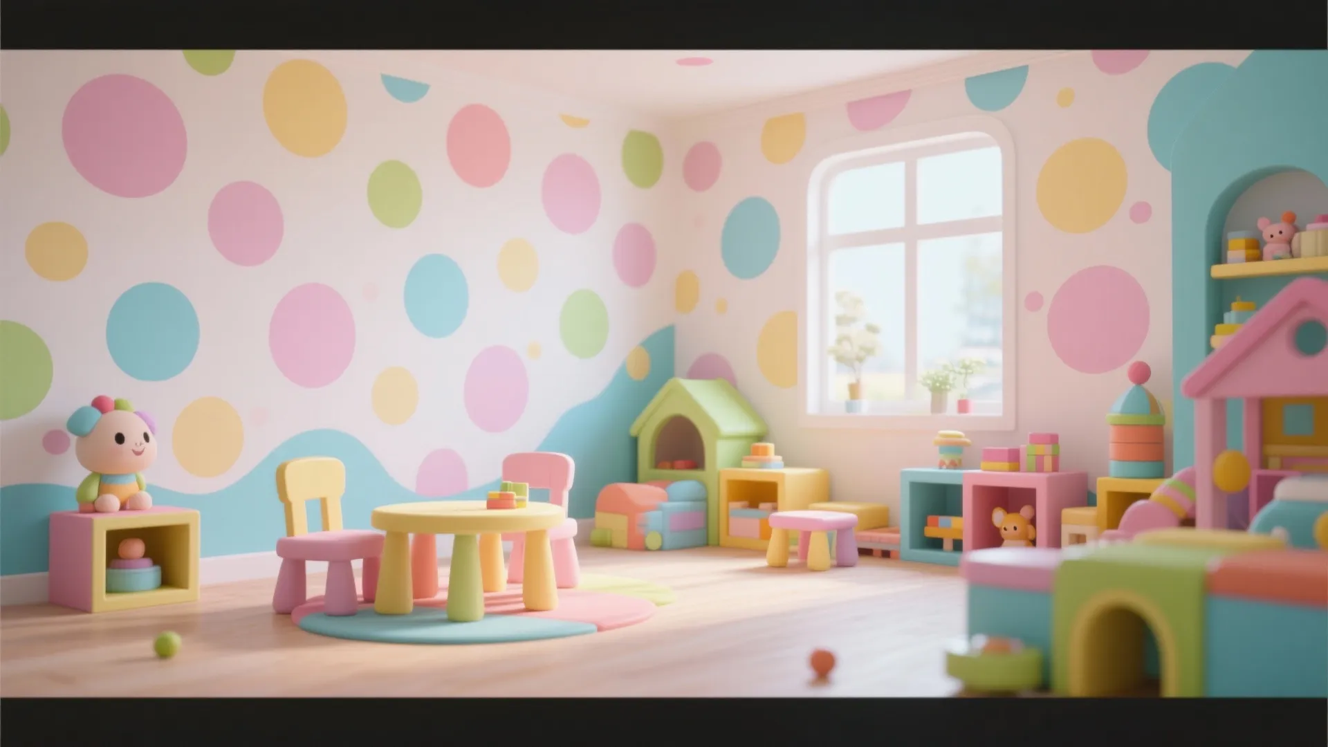 Colorful children playroom with polka dot wall patterns plus small tables and chairs for kids