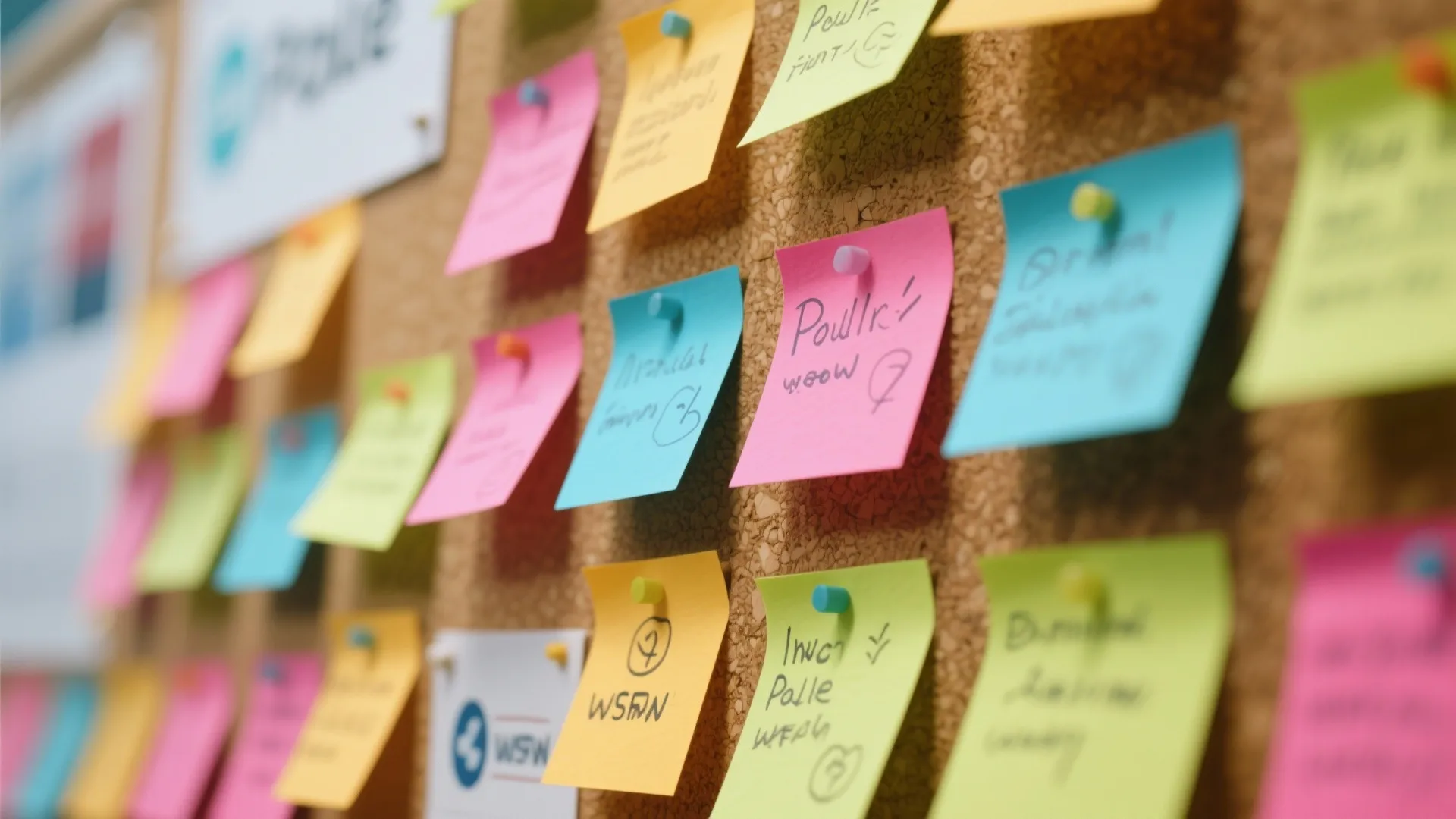 Close up of colorful sticky notes with handwritten text pinned to a brown cork board