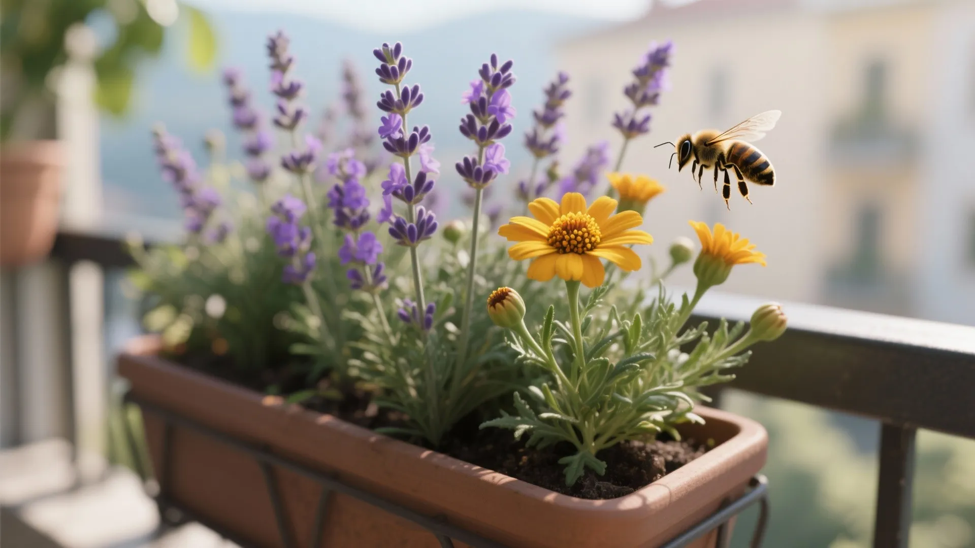 A honey bee flying near purple lavender and yellow flowers in a balcony planter box outside