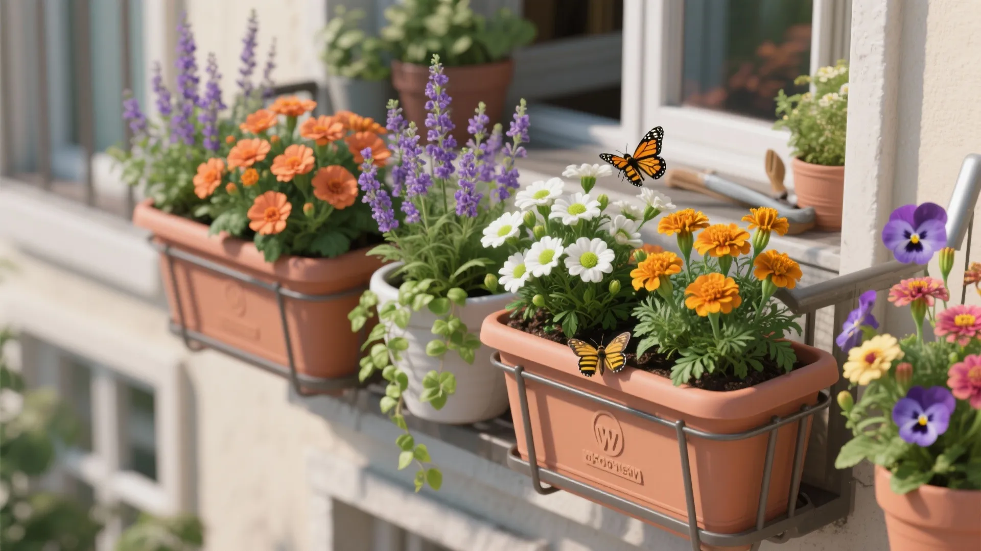Colorful flowers in window boxes with butterflies outside a sunny building during a bright day