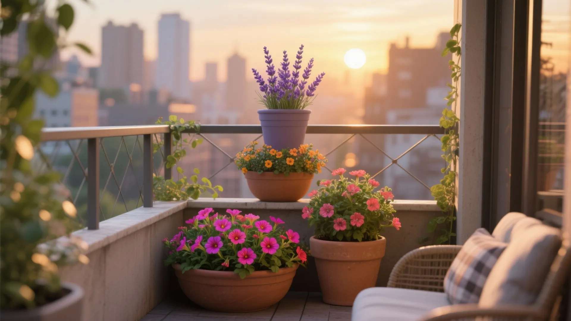 Clustered lavender, calibrachoa, and dwarf geranium pots bring color to a balcony corner.