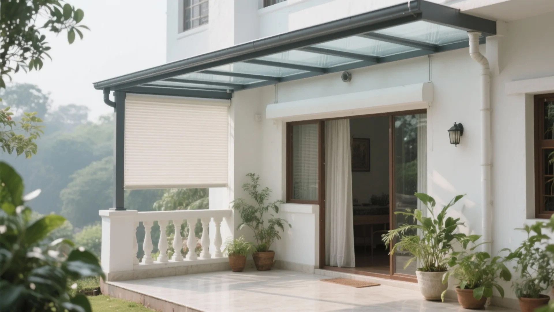 5) Polycarbonate or glass canopy with light-filtering rollers