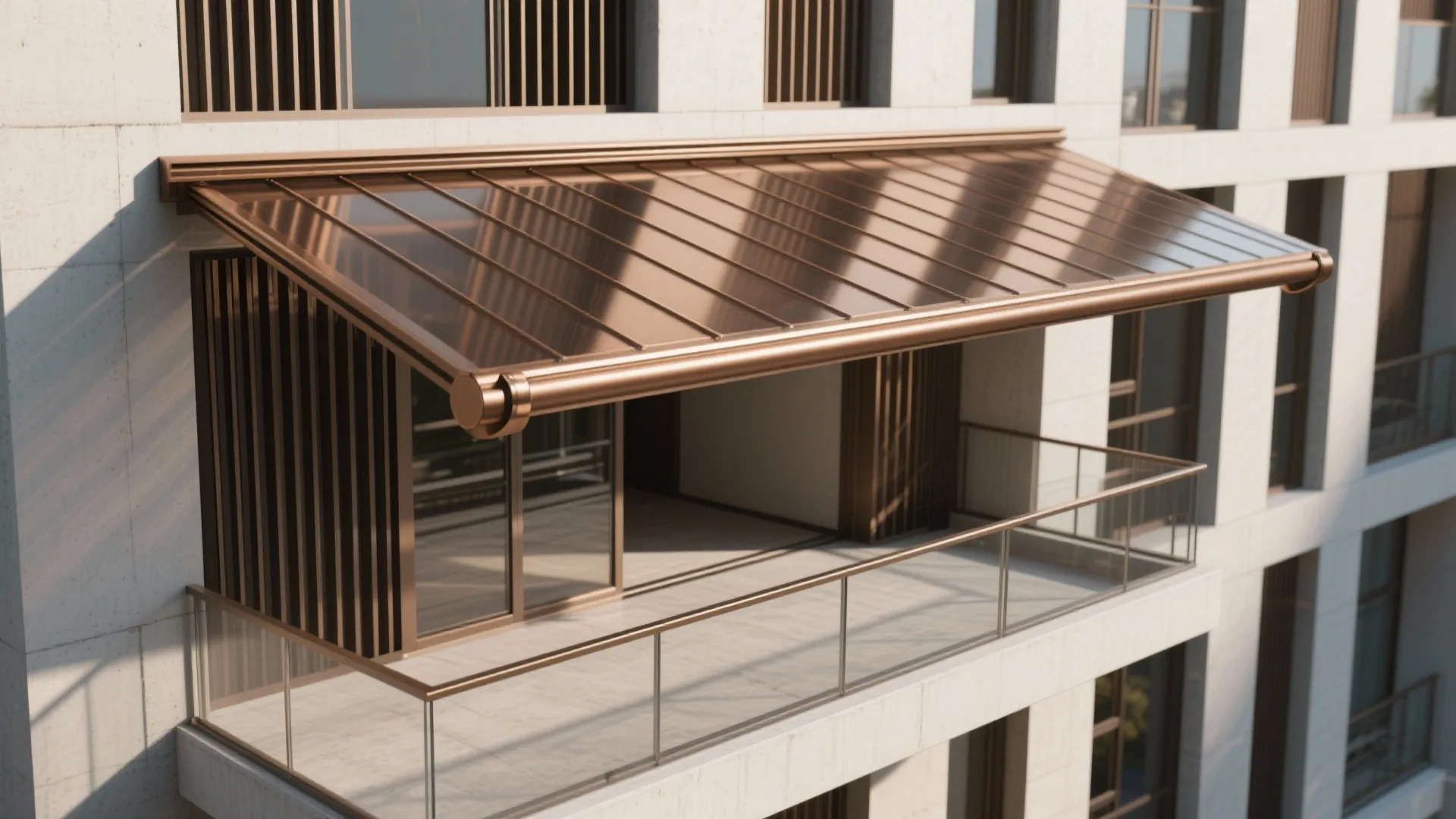 Modern apartment balcony with copper metal roof canopy glass railing and white stone exterior wall